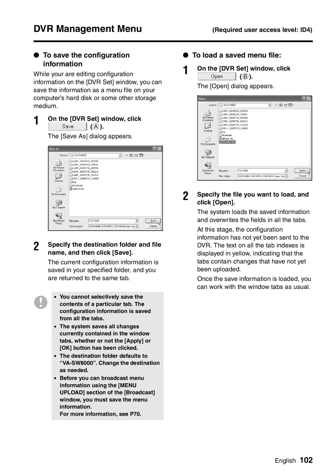 Sanyo VA-SW8000LITE To save the configuration information, To load a saved menu file, Name, and then click Save 