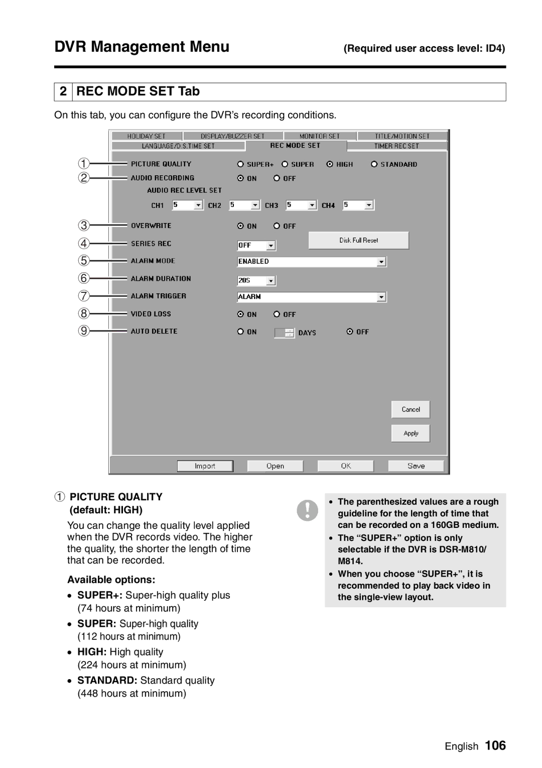 Sanyo VA-SW8000LITE instruction manual REC Mode SET Tab, Picture Quality default High 