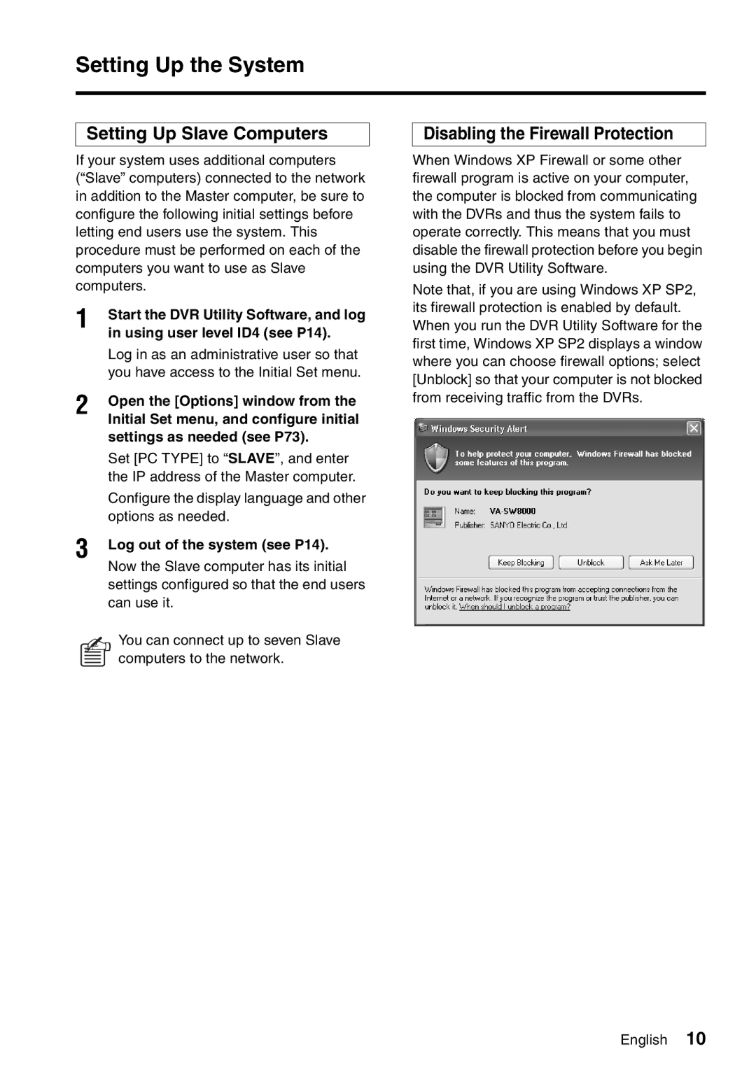 Sanyo VA-SW8000LITE instruction manual Setting Up the System, Setting Up Slave Computers, Disabling the Firewall Protection 