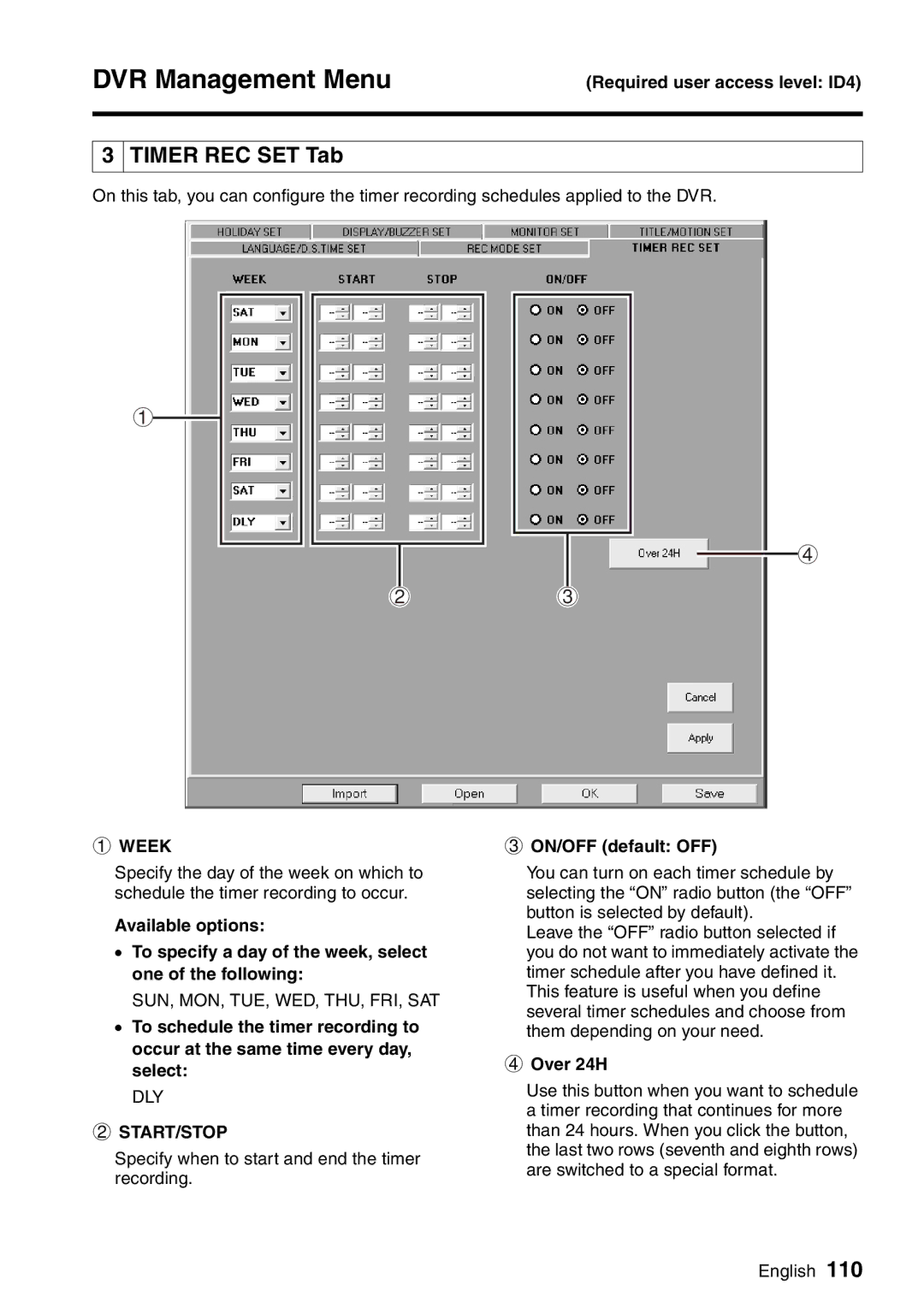 Sanyo VA-SW8000LITE instruction manual Timer REC SET Tab, Week, Start/Stop, ON/OFF default OFF, Over 24H 