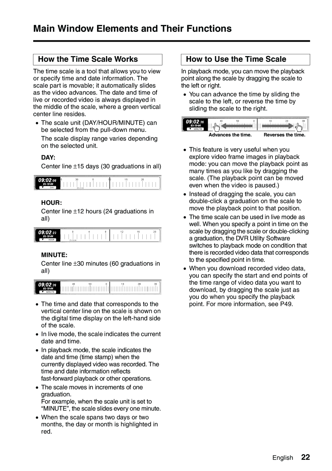 Sanyo VA-SW8000LITE instruction manual How the Time Scale Works, How to Use the Time Scale, Day, Hour, Minute 