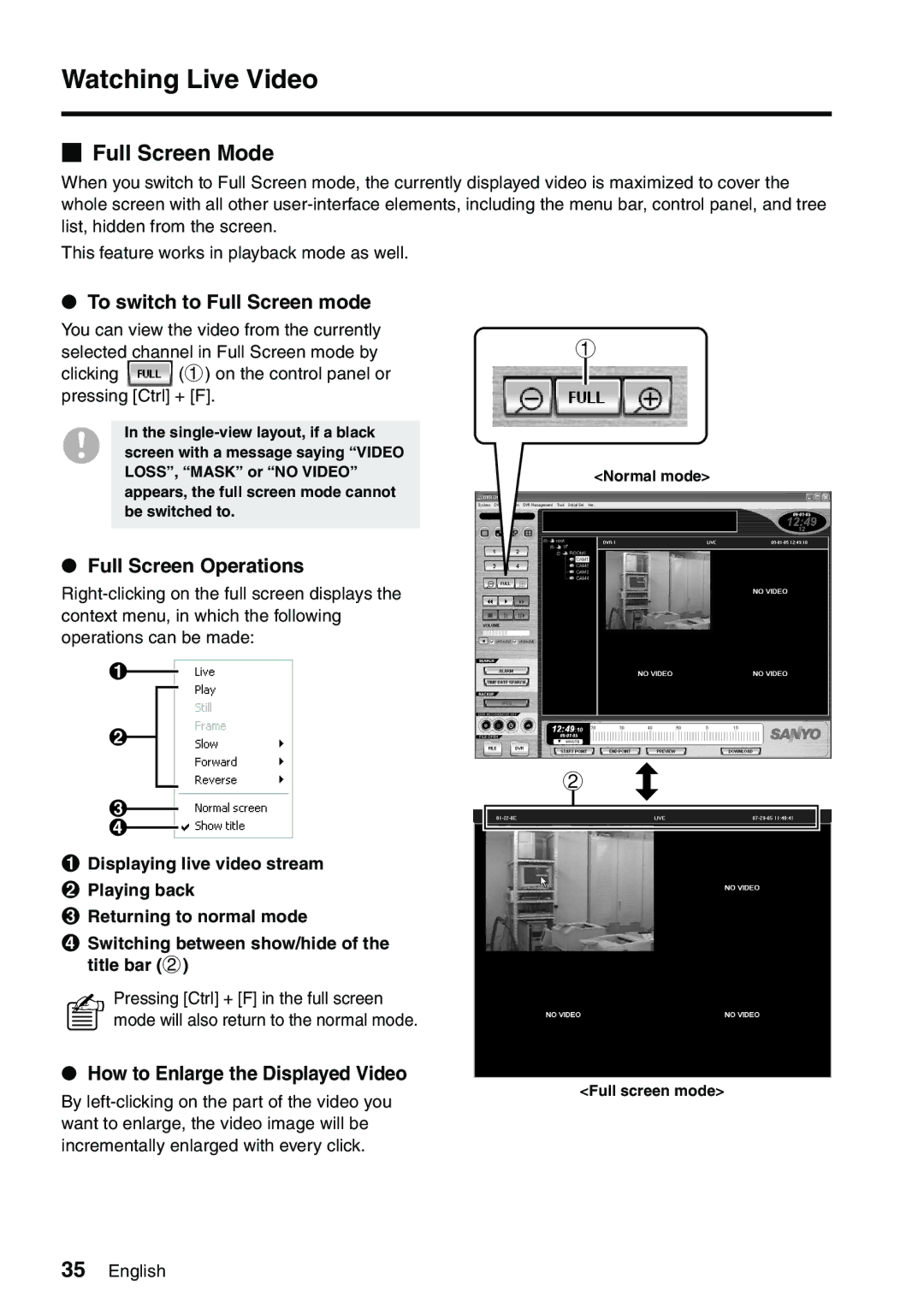 Sanyo VA-SW8000LITE instruction manual Full Screen Mode, To switch to Full Screen mode, Full Screen Operations 