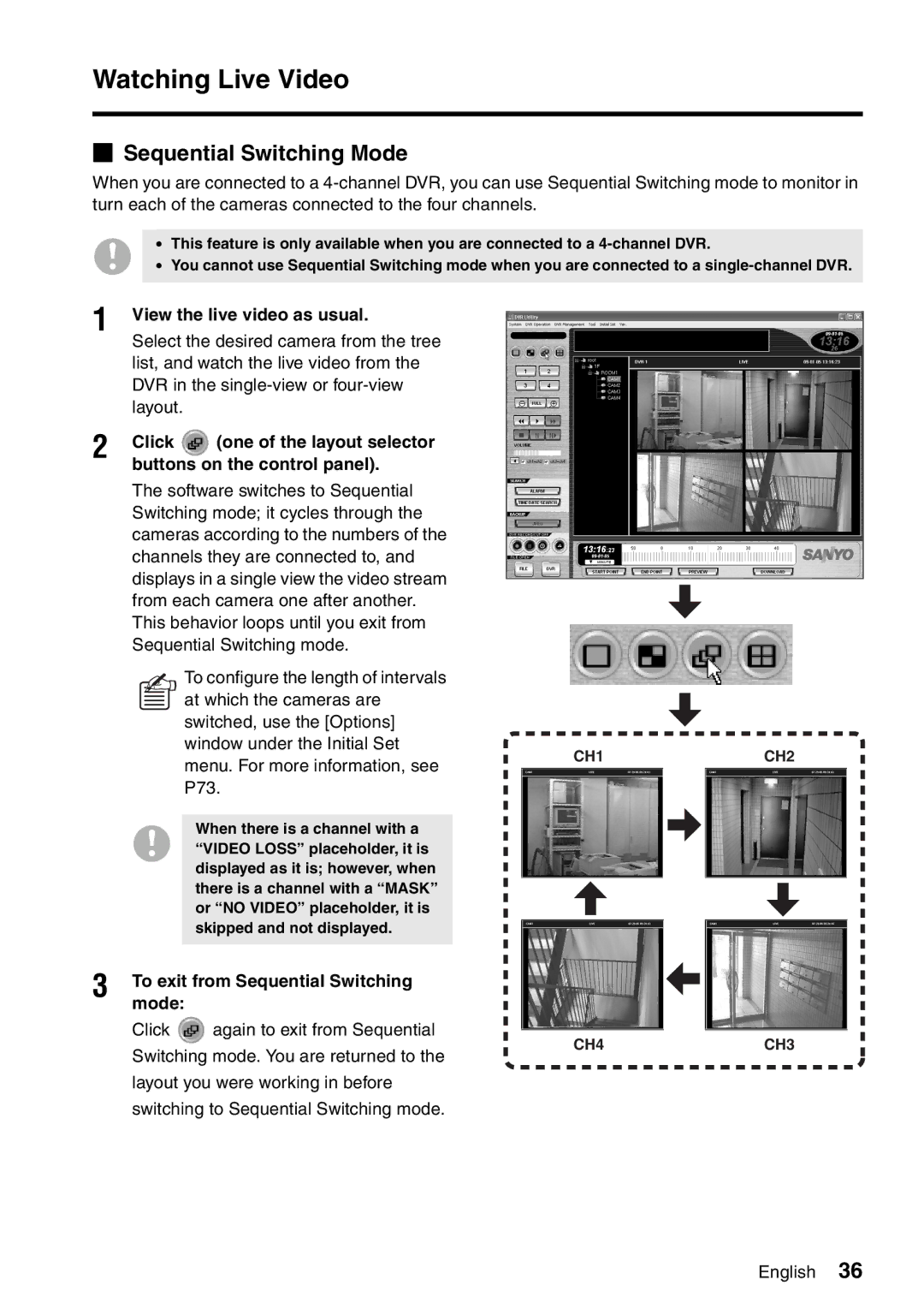 Sanyo VA-SW8000LITE Sequential Switching Mode, View the live video as usual, Click, Buttons on the control panel 