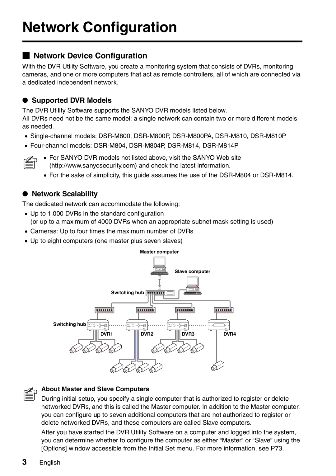 Sanyo VA-SW8000 Network Configuration, Network Device Configuration, Supported DVR Models, Network Scalability 