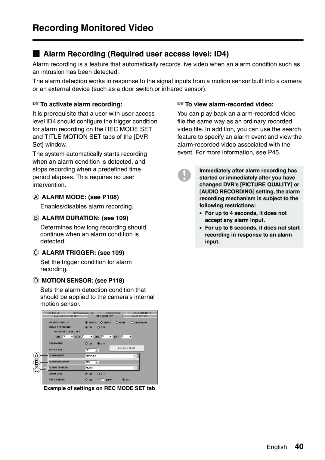 Sanyo VA-SW8000LITE instruction manual Alarm Recording Required user access level ID4 