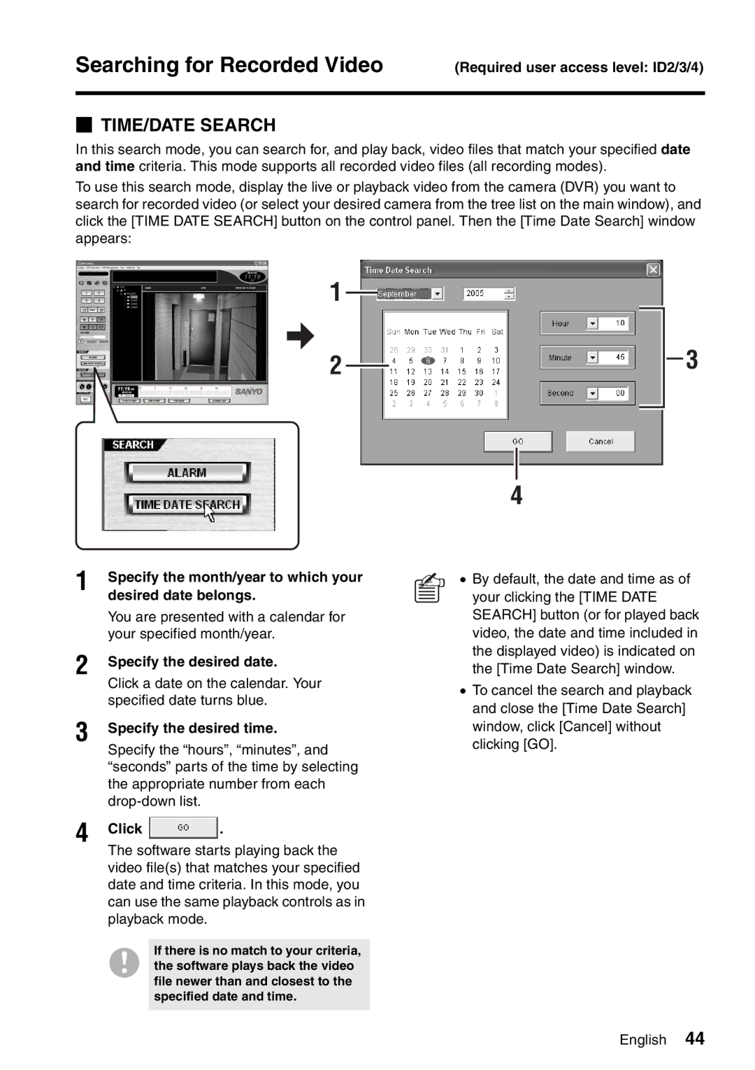 Sanyo VA-SW8000LITE Searching for Recorded Video, TIME/DATE Search, Specify the desired date, Specify the desired time 