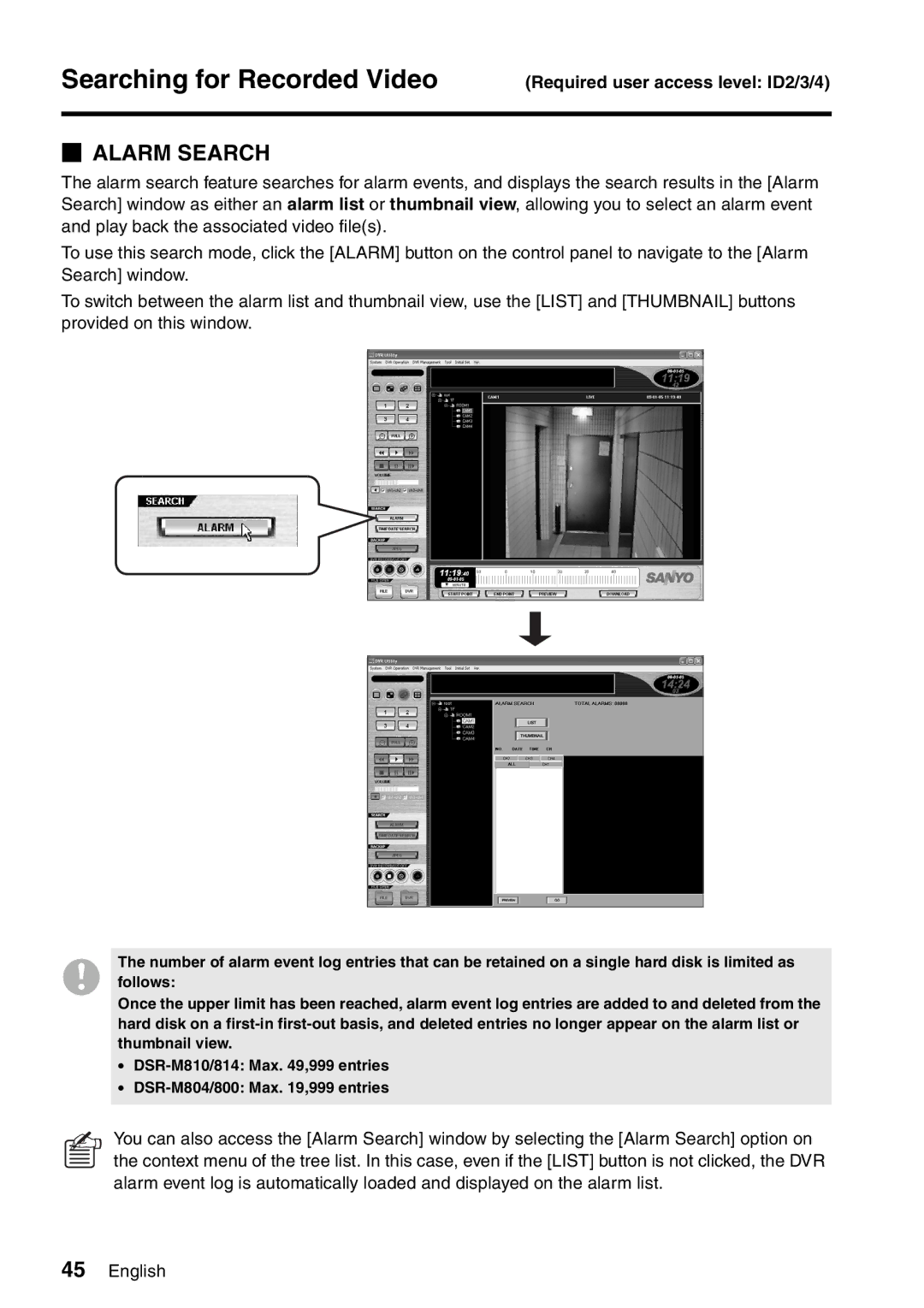 Sanyo VA-SW8000LITE instruction manual Alarm Search 