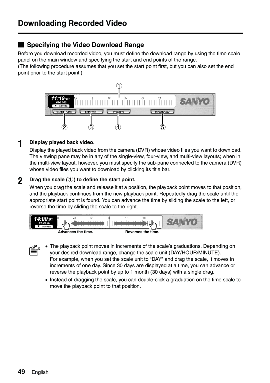 Sanyo VA-SW8000LITE Downloading Recorded Video, Specifying the Video Download Range, Display played back video 