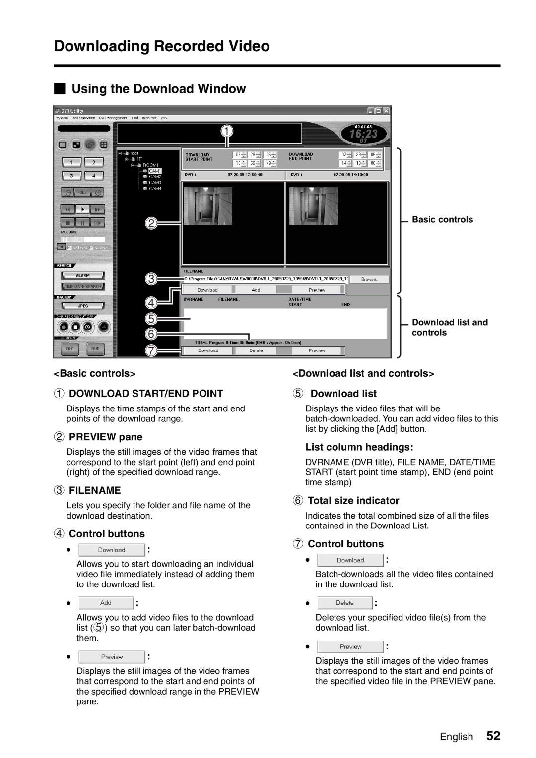 Sanyo VA-SW8000LITE instruction manual Using the Download Window, Download START/END Point, Filename 