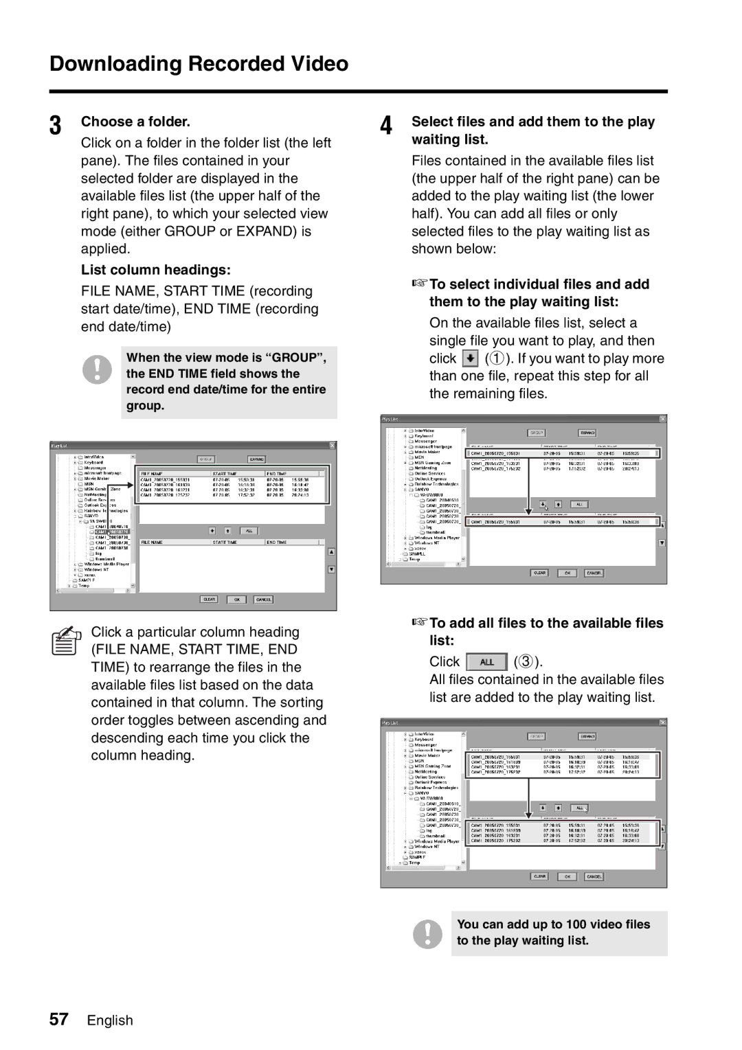 Sanyo VA-SW8000LITE Choose a folder, Waiting list, List column headings To select individual files and add 