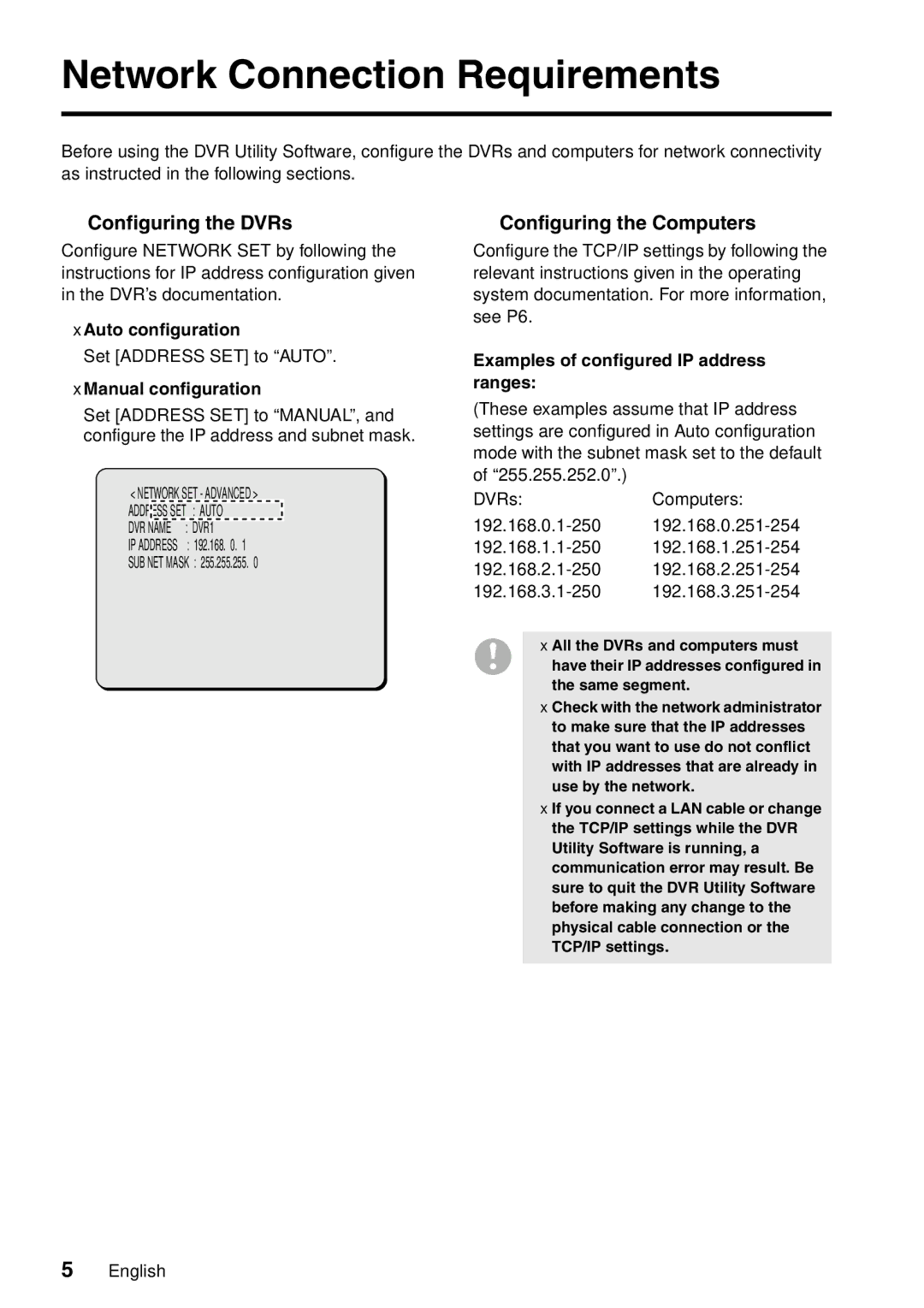 Sanyo VA-SW8000LITE instruction manual Network Connection Requirements, Configuring the DVRs, Configuring the Computers 