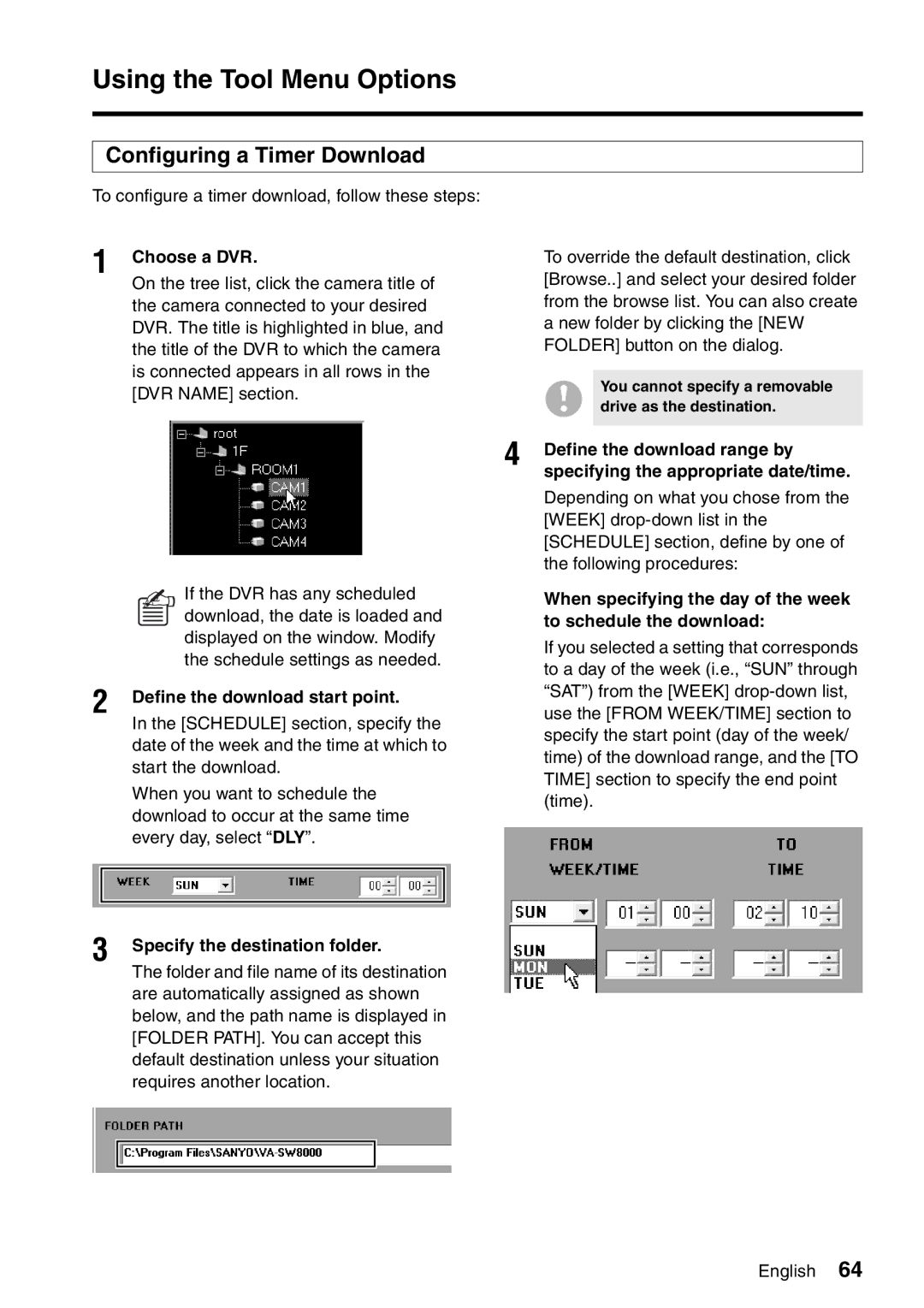 Sanyo VA-SW8000LITE instruction manual Configuring a Timer Download, Choose a DVR, Define the download range by 