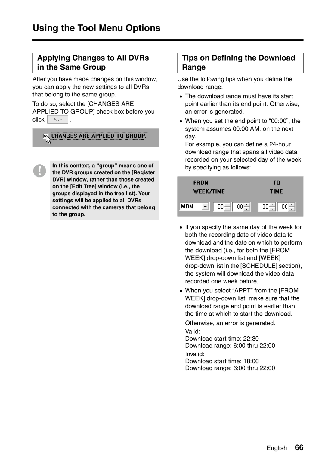 Sanyo VA-SW8000LITE instruction manual Applying Changes to All DVRs in the Same Group, Tips on Defining the Download Range 