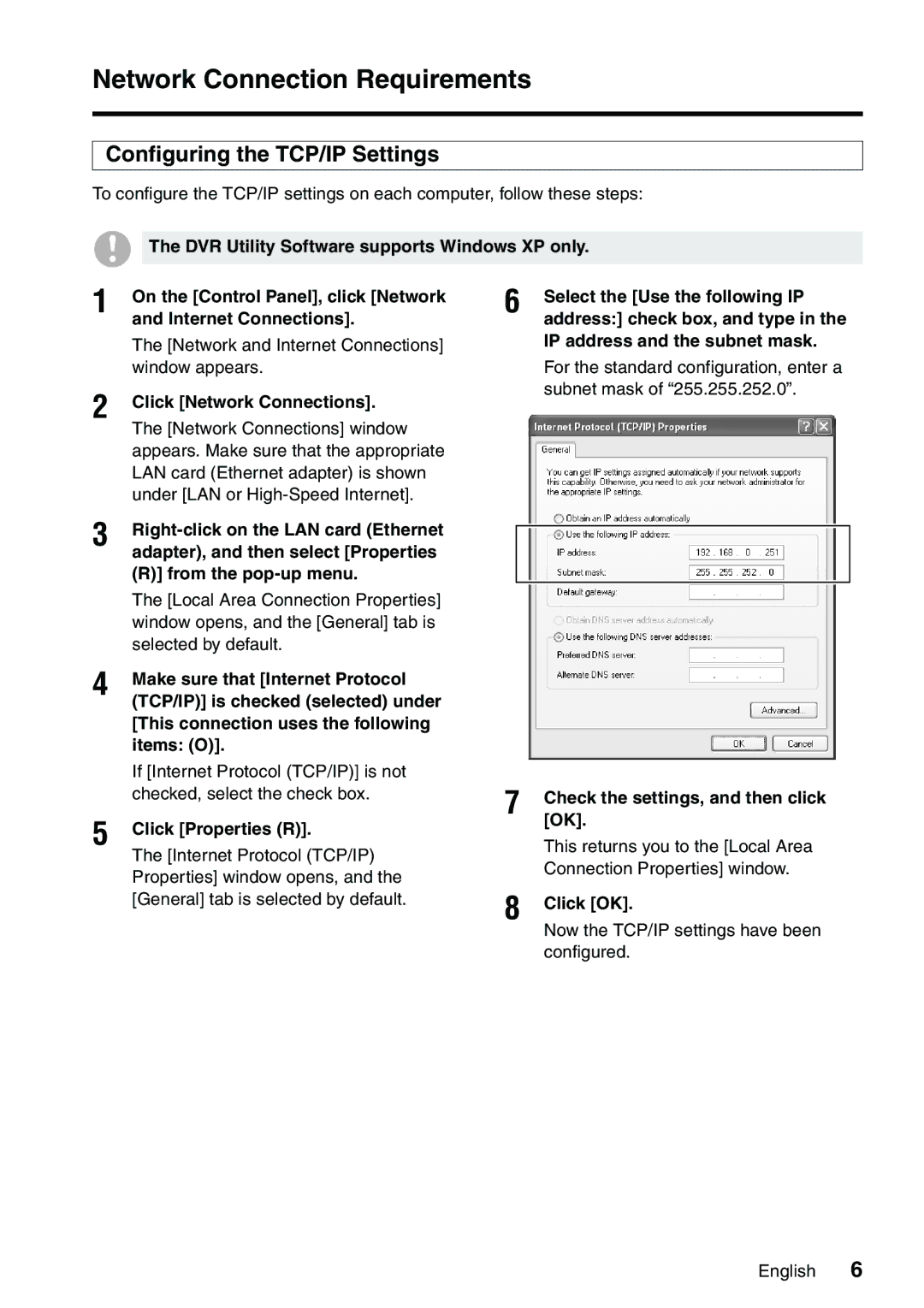 Sanyo VA-SW8000LITE instruction manual Network Connection Requirements, Configuring the TCP/IP Settings 