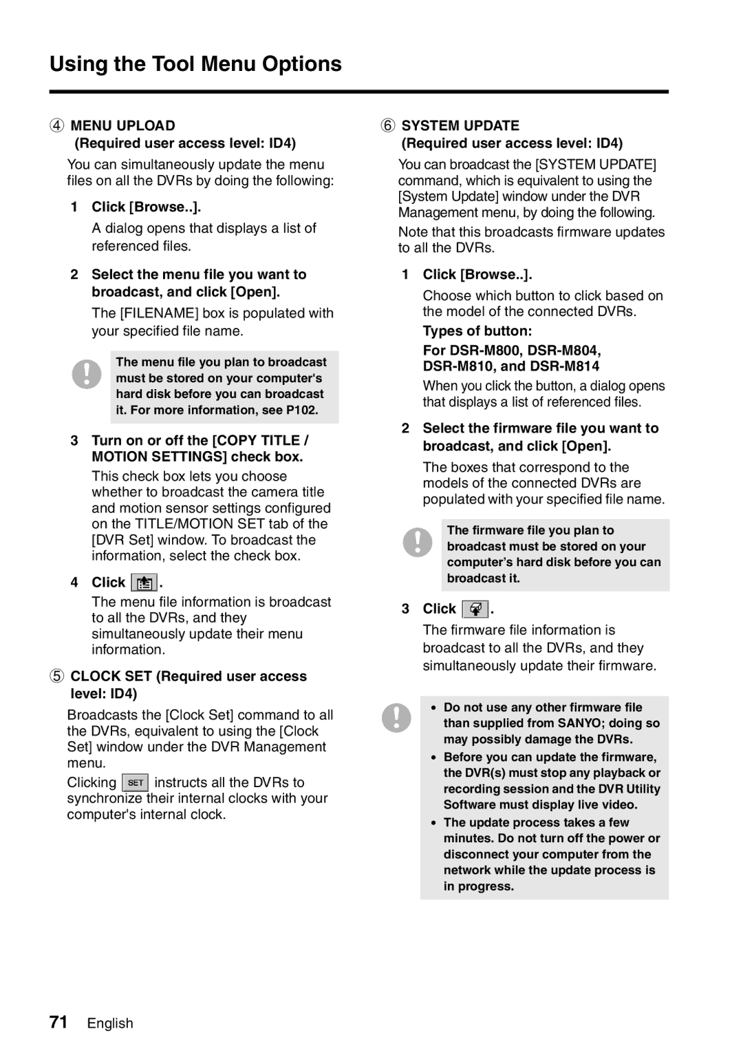 Sanyo VA-SW8000LITE instruction manual Menu Upload, System Update 