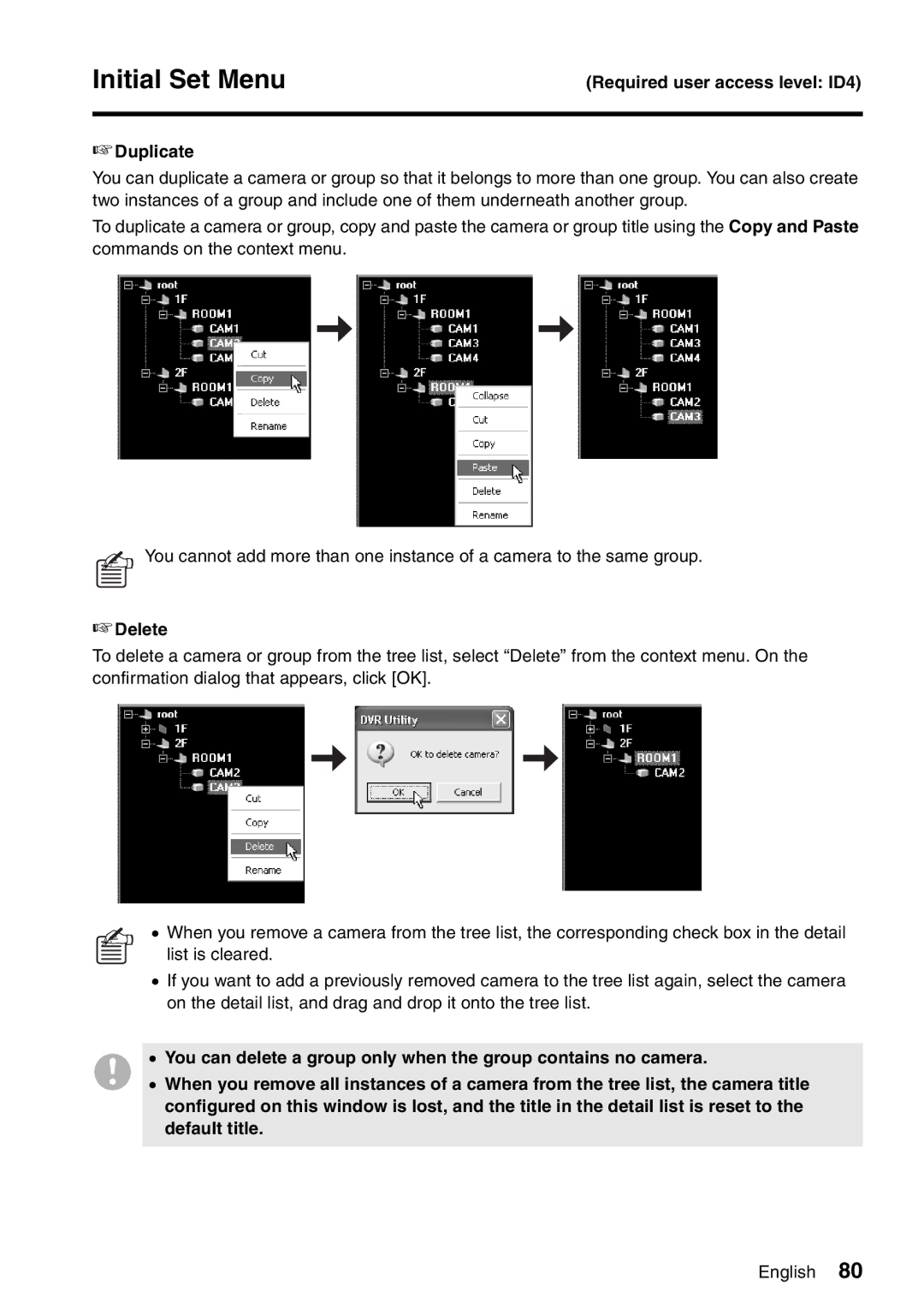 Sanyo VA-SW8000LITE instruction manual Required user access level ID4 Duplicate, Delete 