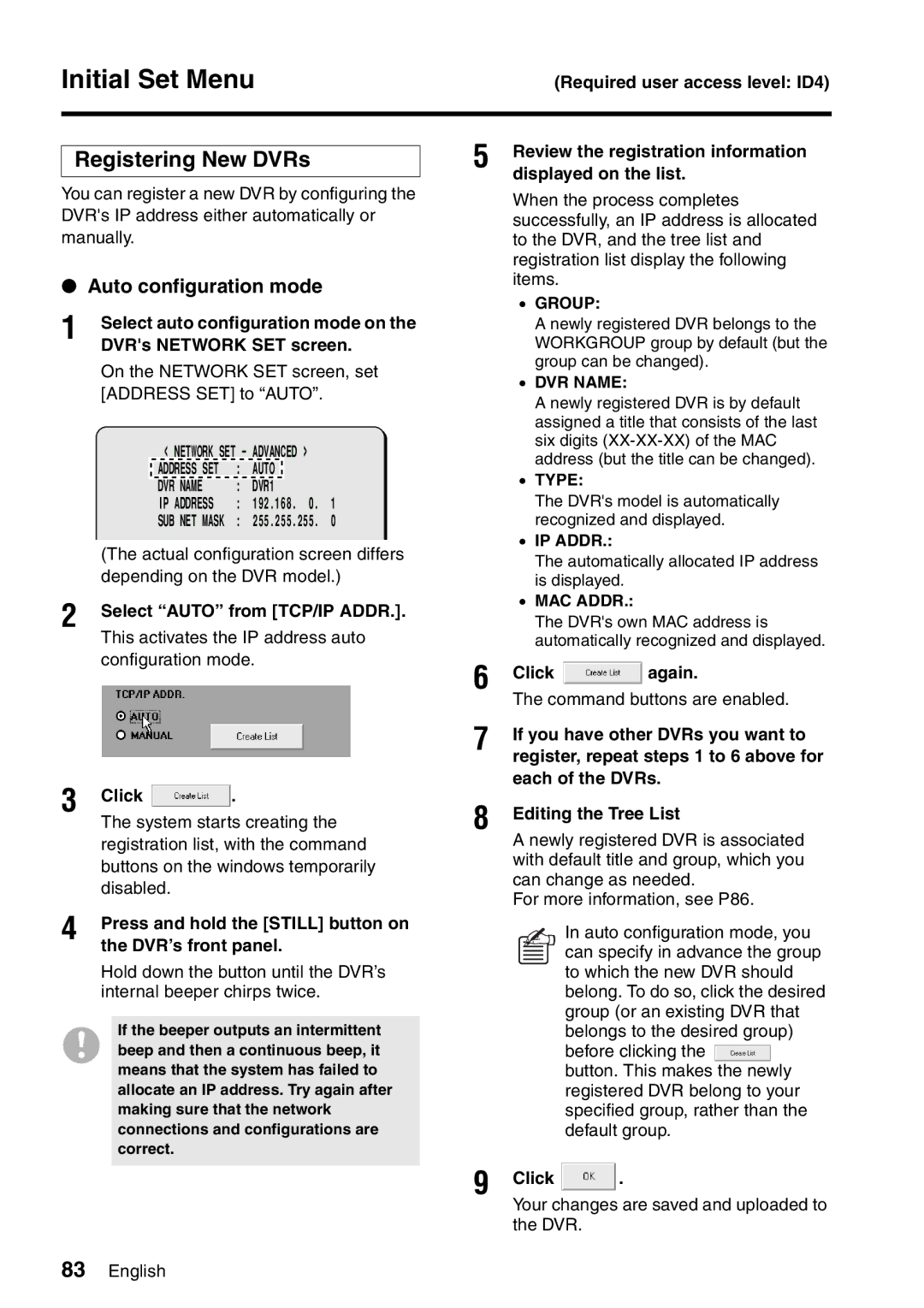 Sanyo VA-SW8000LITE instruction manual Registering New DVRs, Auto configuration mode 