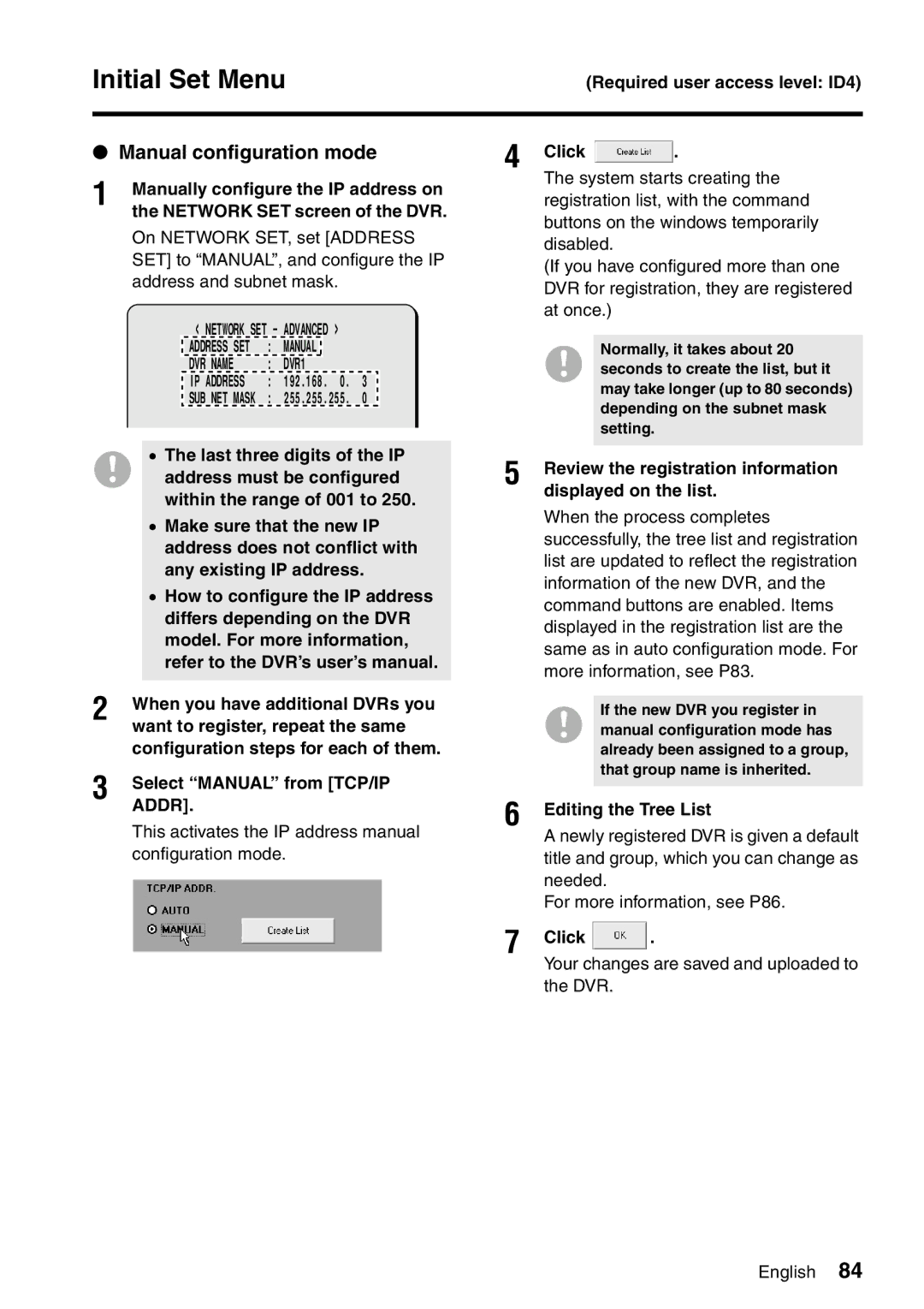 Sanyo VA-SW8000LITE Manual configuration mode, Want to register, repeat the same, Select Manual from TCP/IP, Addr 