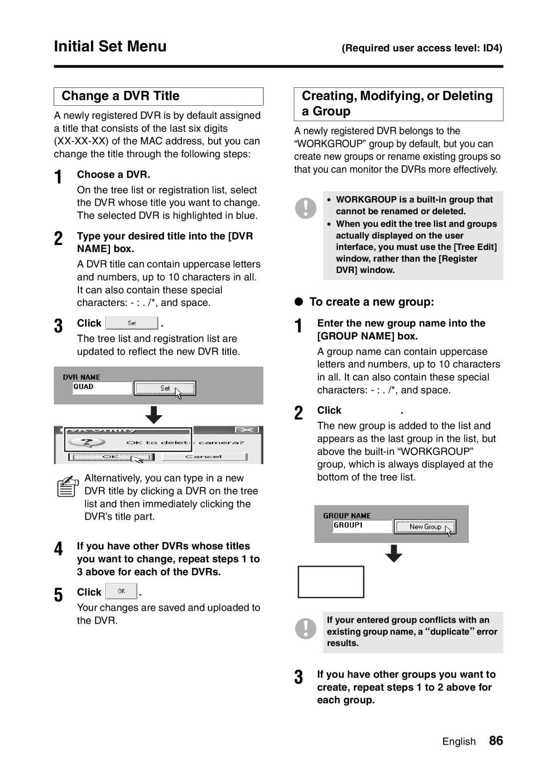 Sanyo VA-SW8000LITE instruction manual Change a DVR Title, Creating, Modifying, or Deleting a Group, To create a new group 