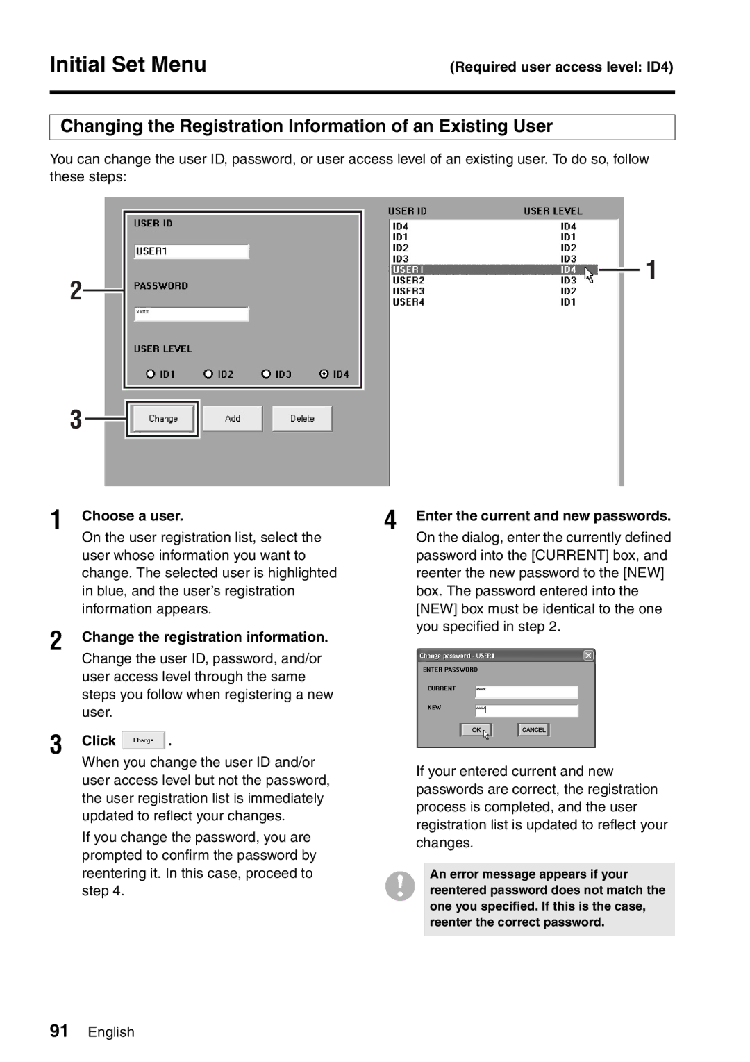 Sanyo VA-SW8000LITE instruction manual Changing the Registration Information of an Existing User, Choose a user 