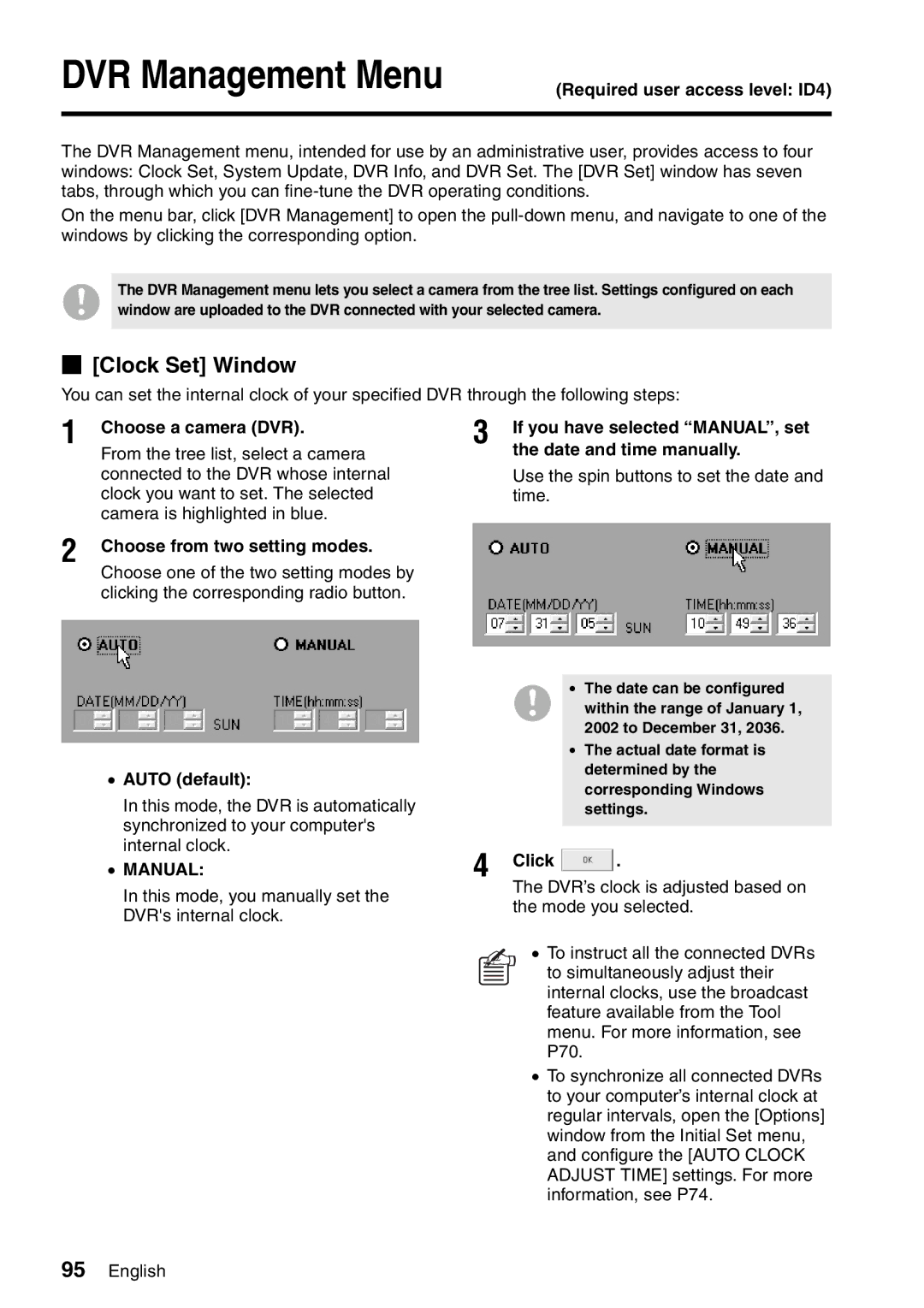 Sanyo VA-SW8000LITE instruction manual DVR Management Menu, Clock Set Window, Manual 