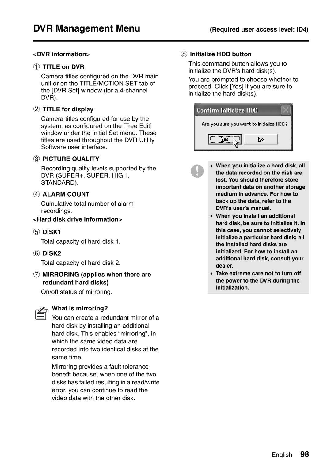 Sanyo VA-SW8000LITE instruction manual Picture Quality, Alarm Count, DISK1, DISK2 