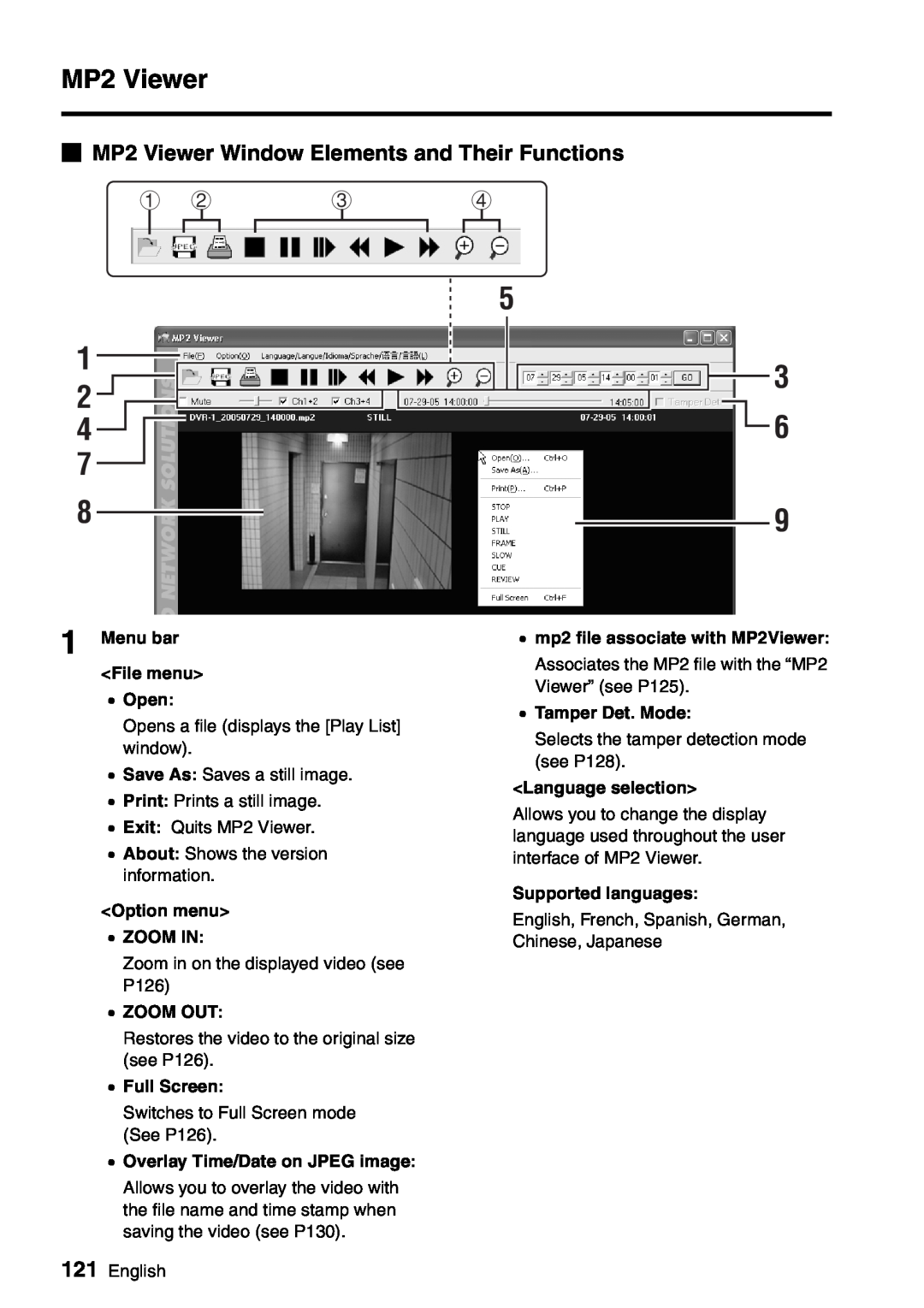 Sanyo VA-SW8000 1 2 4 7, 5 3 6, bMP2 Viewer Window Elements and Their Functions, Menu bar <File menu> •Open, •Zoom Out 