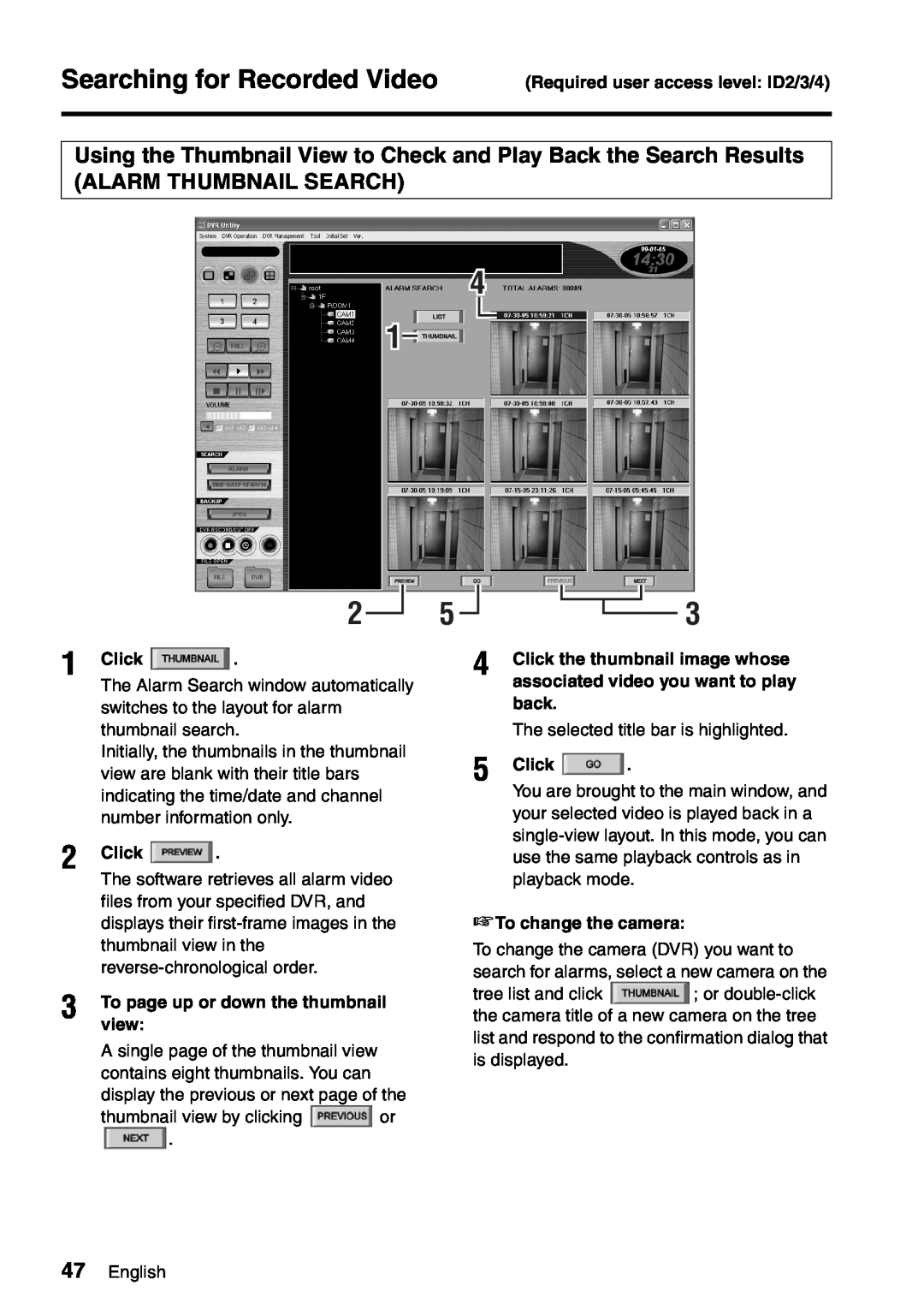 Sanyo VA-SW8000 Alarm Thumbnail Search, To page up or down the thumbnail view, back, The selected title bar is highlighted 