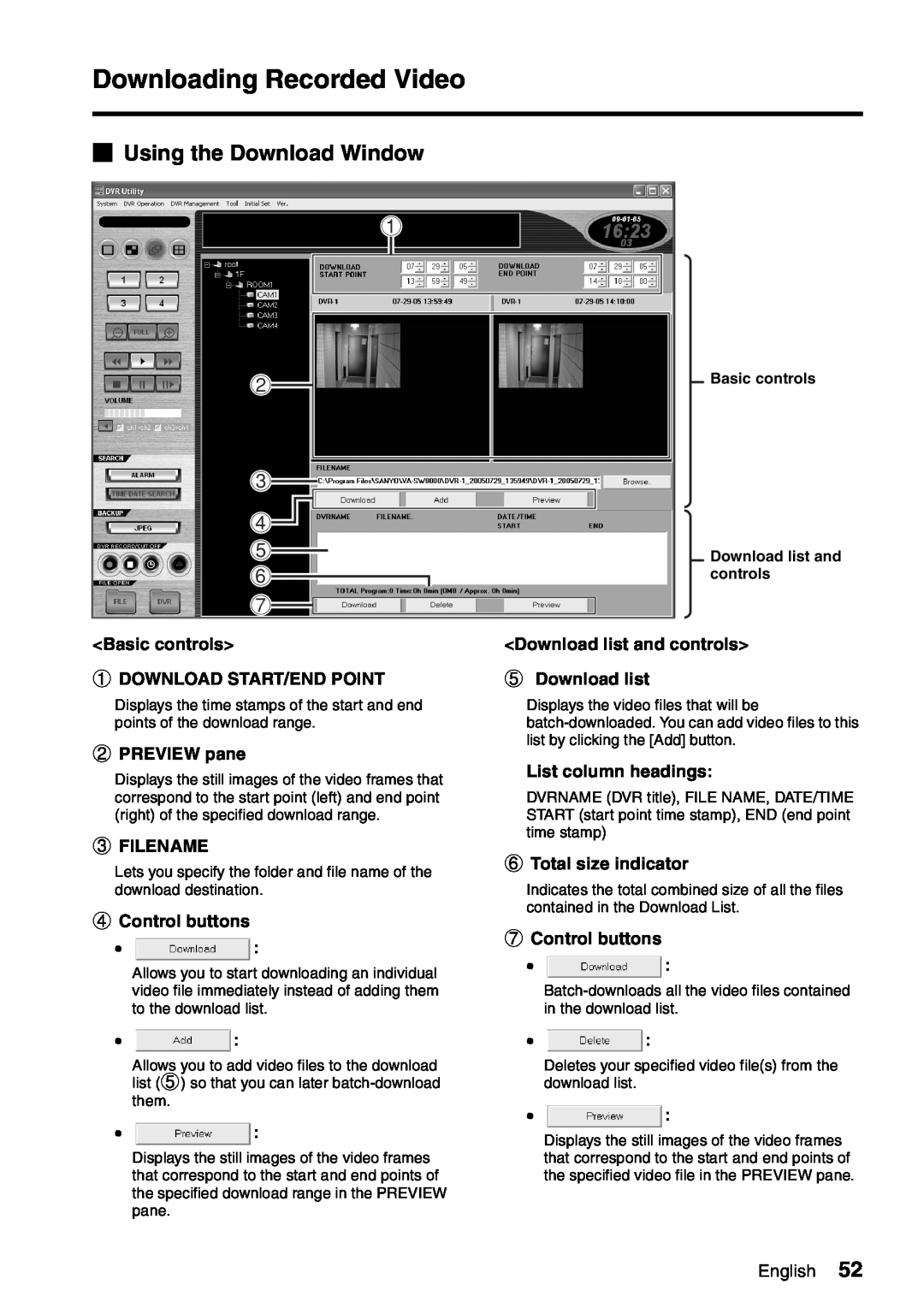 Sanyo VA-SW8000LITE bUsing the Download Window, 1 2 3 4 5 6, <Basic controls> 1DOWNLOAD START/END POINT, 2PREVIEW pane 