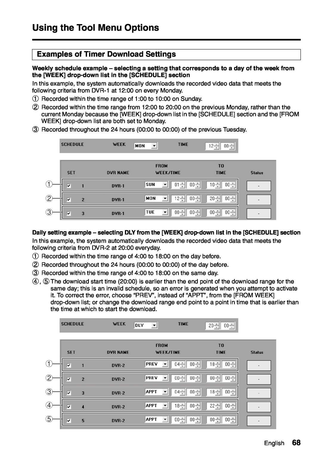Sanyo VA-SW8000LITE instruction manual Examples of Timer Download Settings, 1 2 3 4 5, Using the Tool Menu Options 