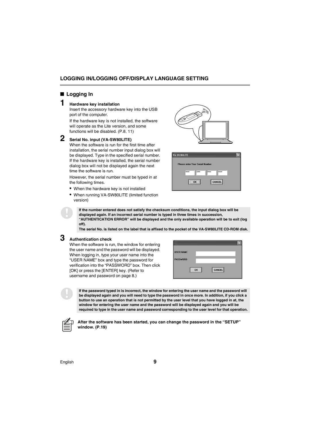 Sanyo Logging IN/LOGGING OFF/DISPLAY Language Setting, Hardware key installation, Serial No. input VA-SW80LITE 