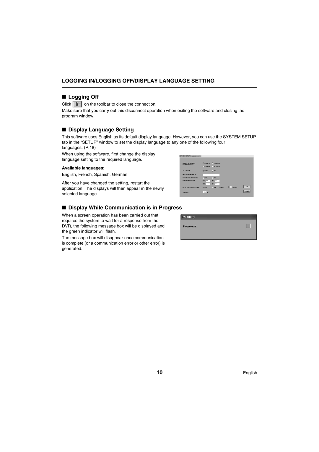 Sanyo VA-SW80LITE Logging Off, Display Language Setting, Display While Communication is in Progress, Click 