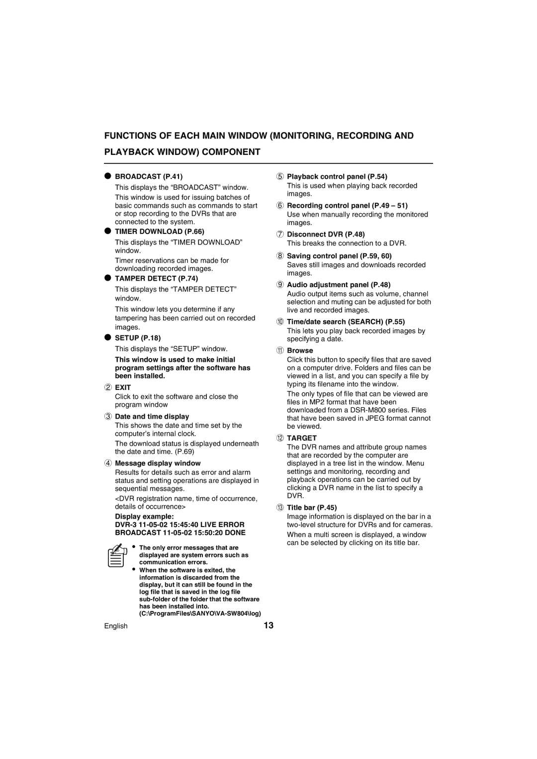 Sanyo VA-SW80LITE instruction manual Broadcast P.41, Timer Download P.66, Tamper Detect P.74, Exit, Target 