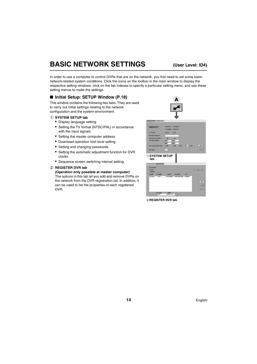 Sanyo VA-SW80LITE Basic Network Settings, User Level ID4, Initial Setup Setup Window P.18, System Setup tab 