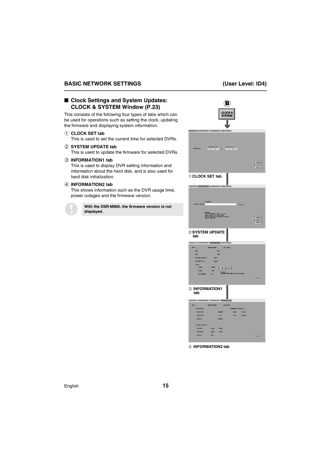 Sanyo VA-SW80LITE Basic Network Settings, Clock SET tab, System Update tab, INFORMATION1 tab, INFORMATION2 tab 