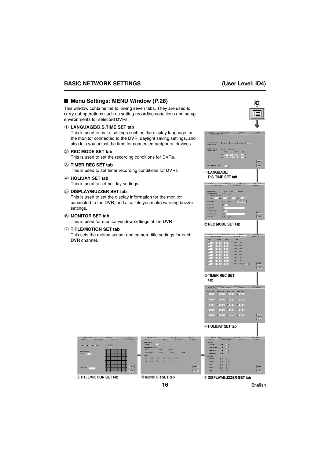 Sanyo VA-SW80LITE instruction manual Menu Settings Menu Window P.28 