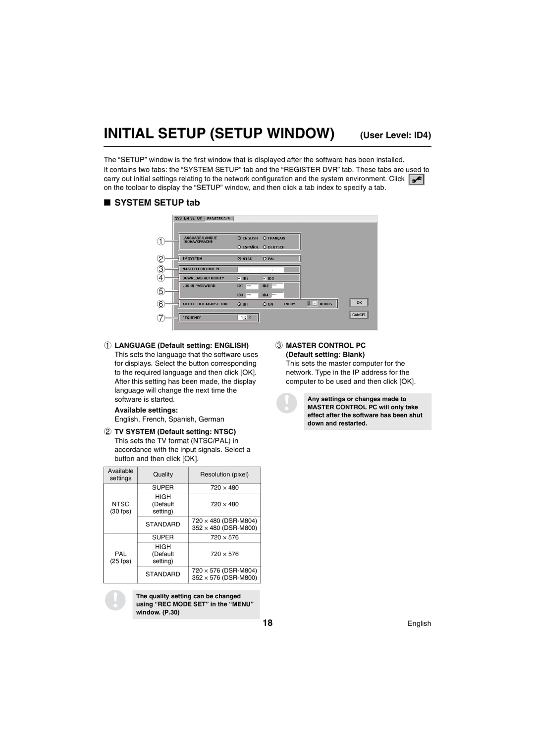 Sanyo VA-SW80LITE instruction manual System Setup tab, English, French, Spanish, German 