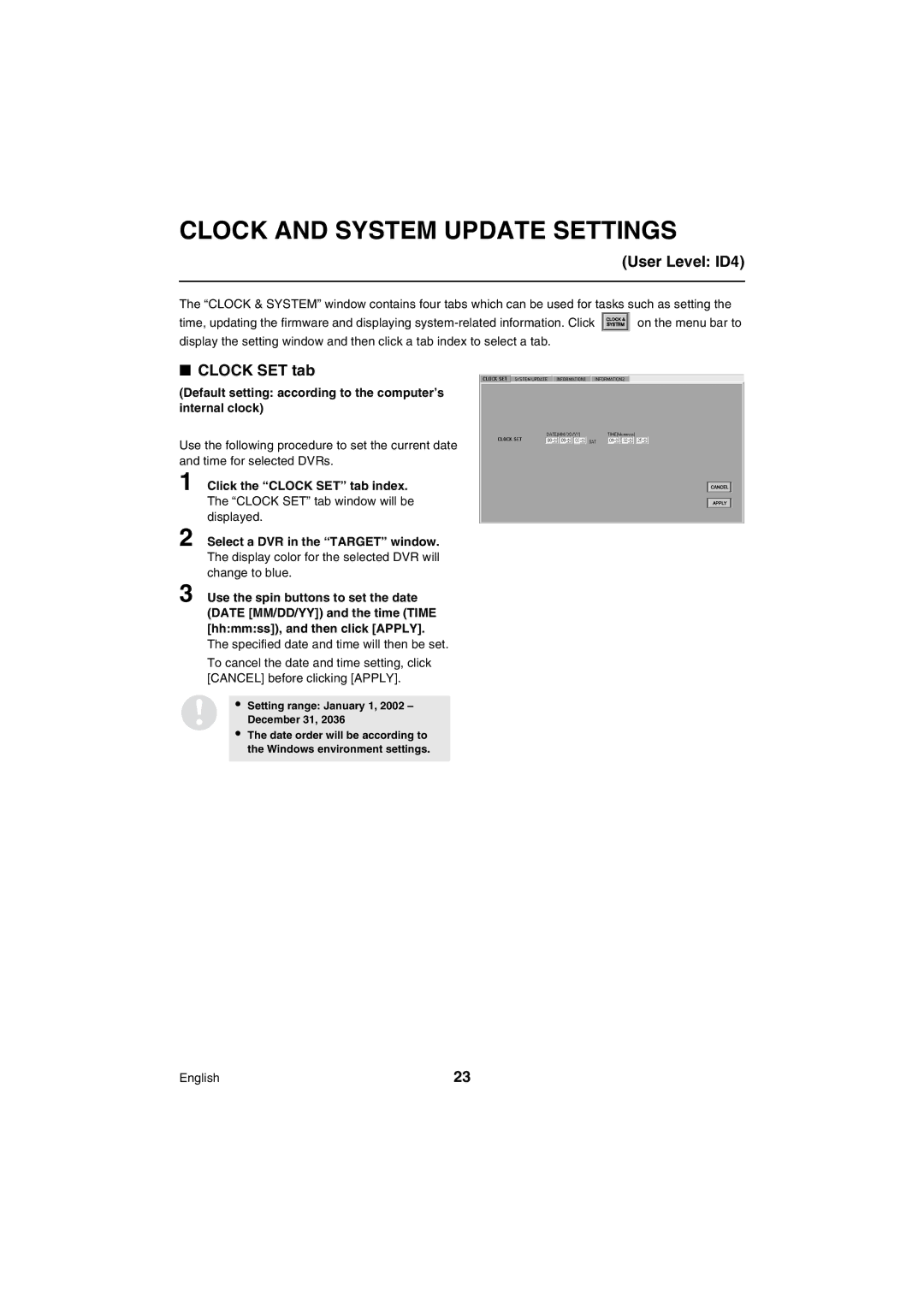 Sanyo VA-SW80LITE Clock and System Update Settings, Click the Clock SET tab index, Select a DVR in the Target window 