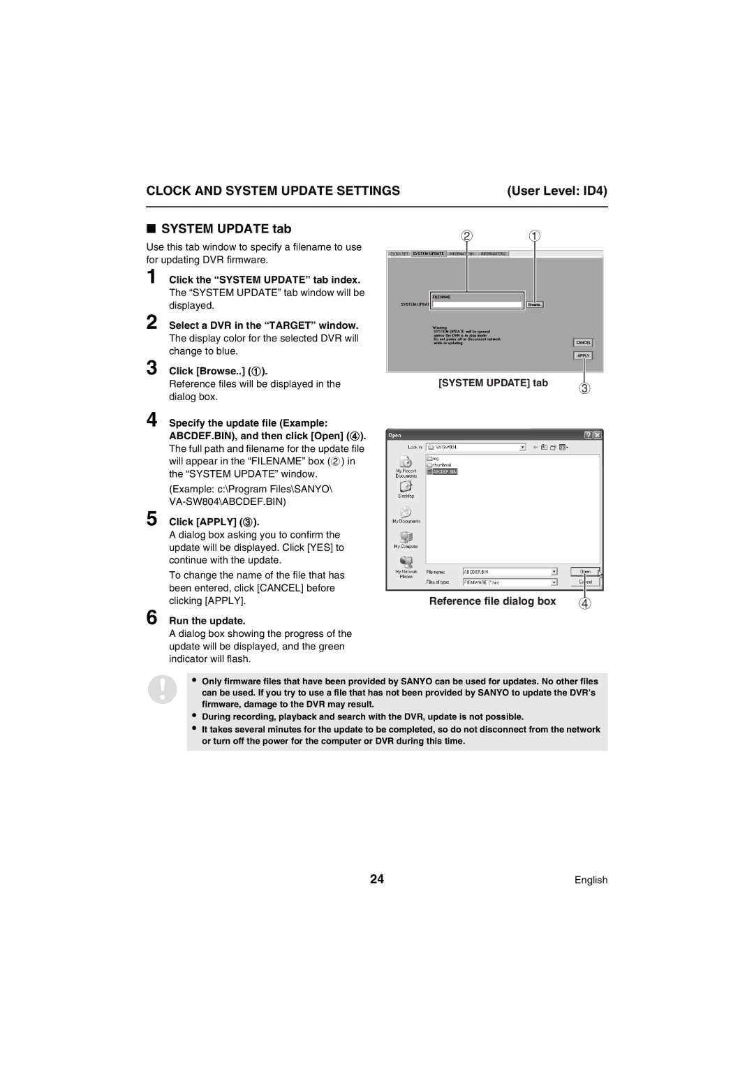 Sanyo VA-SW80LITE instruction manual Clock and System Update Settings, System Update tab 