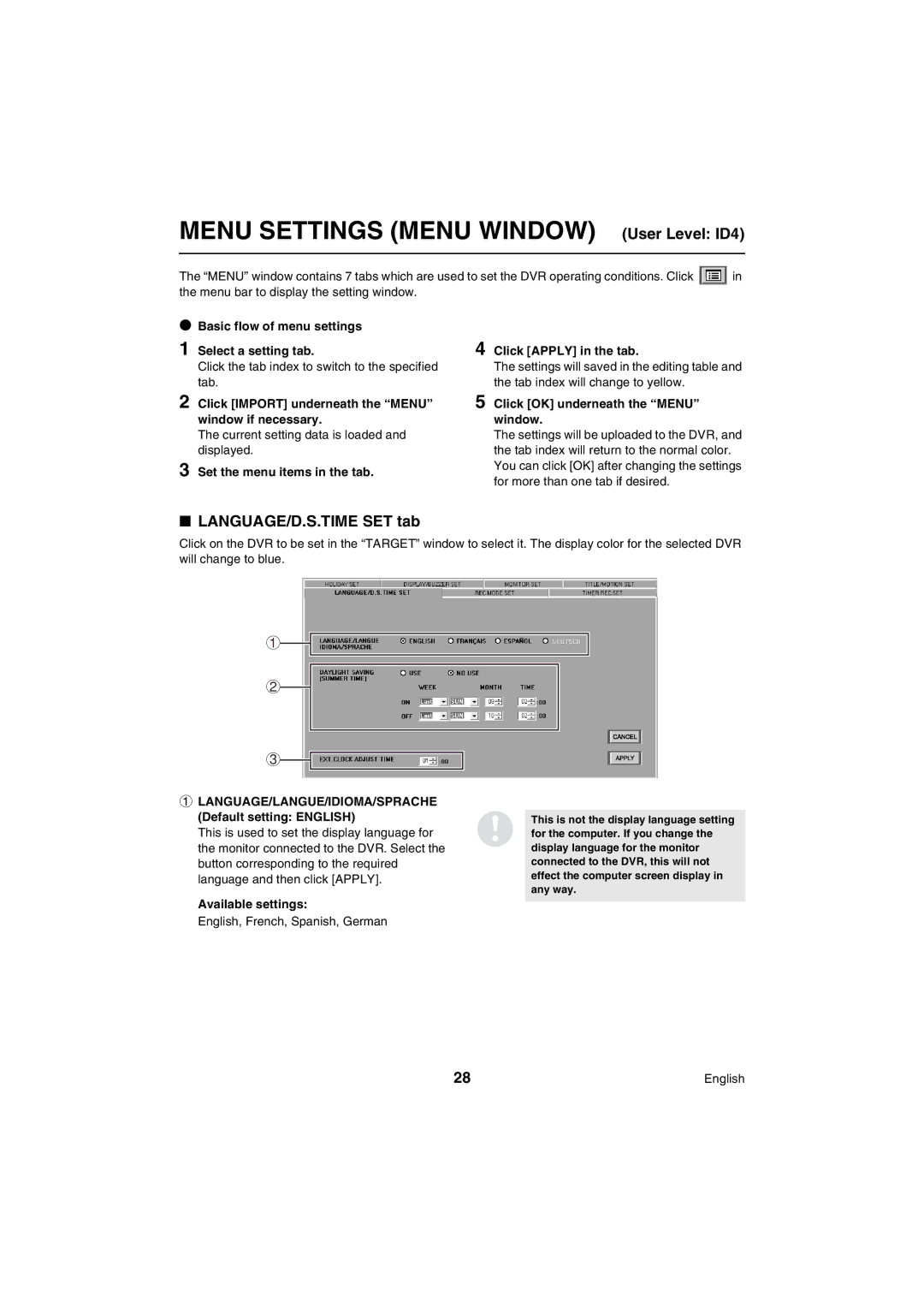 Sanyo VA-SW80LITE instruction manual LANGUAGE/D.S.TIME SET tab, Basic flow of menu settings Select a setting tab 