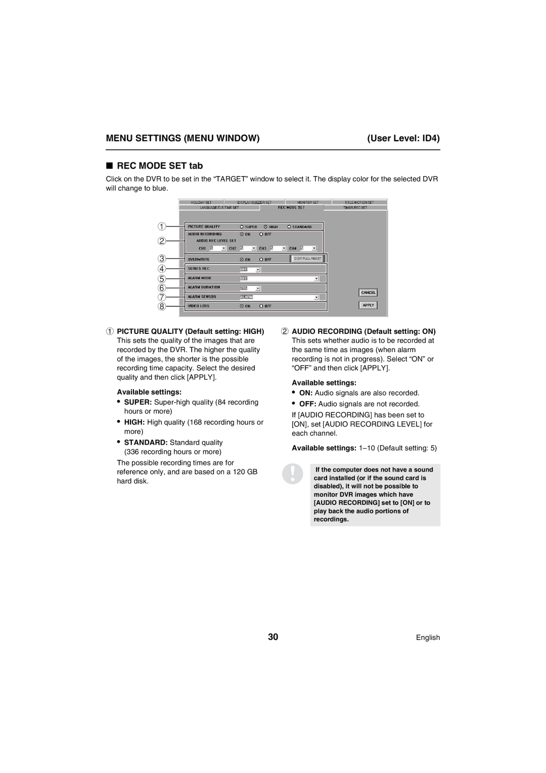 Sanyo VA-SW80LITE instruction manual REC Mode SET tab 