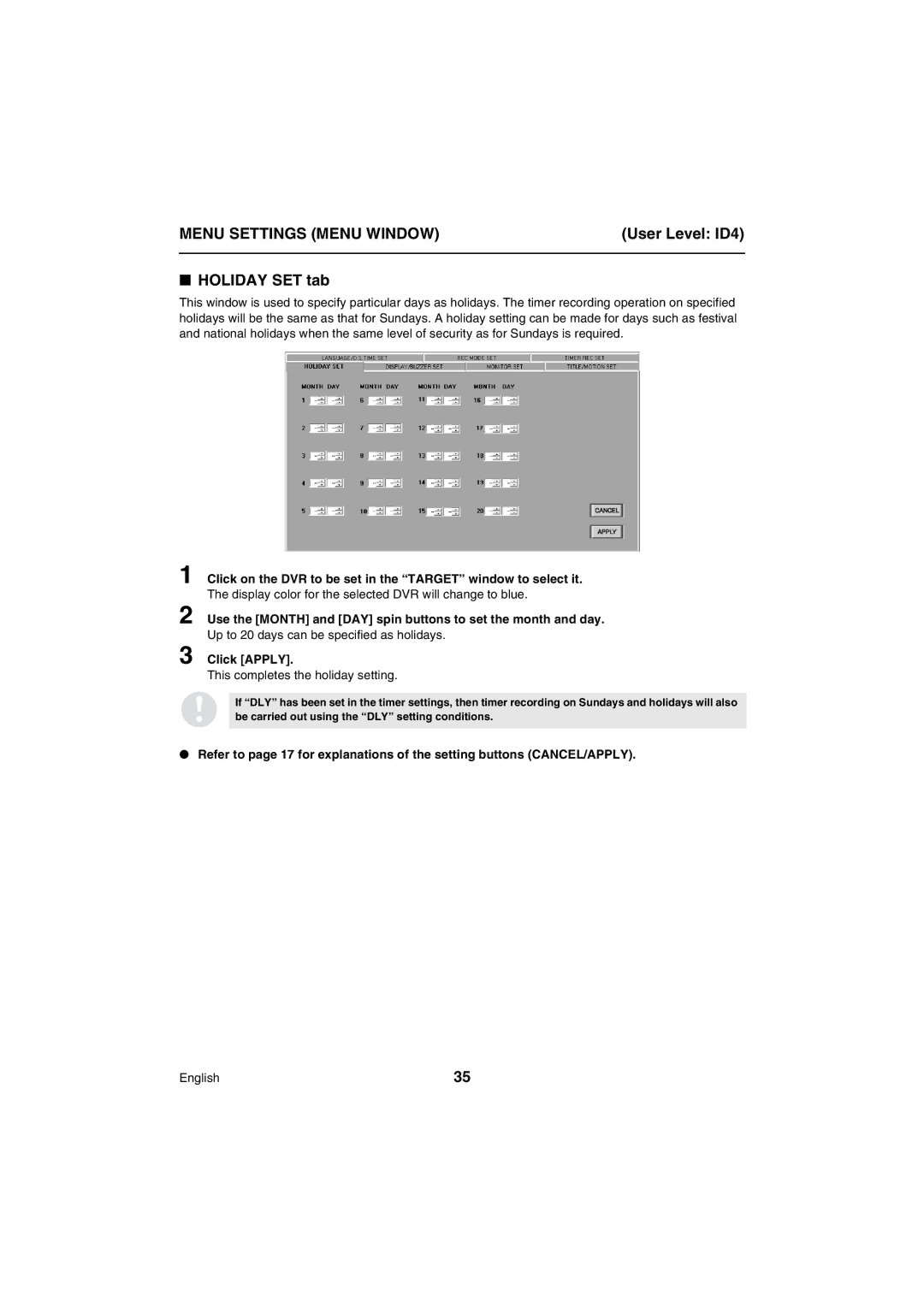 Sanyo VA-SW80LITE instruction manual Holiday SET tab, Use the Month and DAY spin buttons to set the month and day 