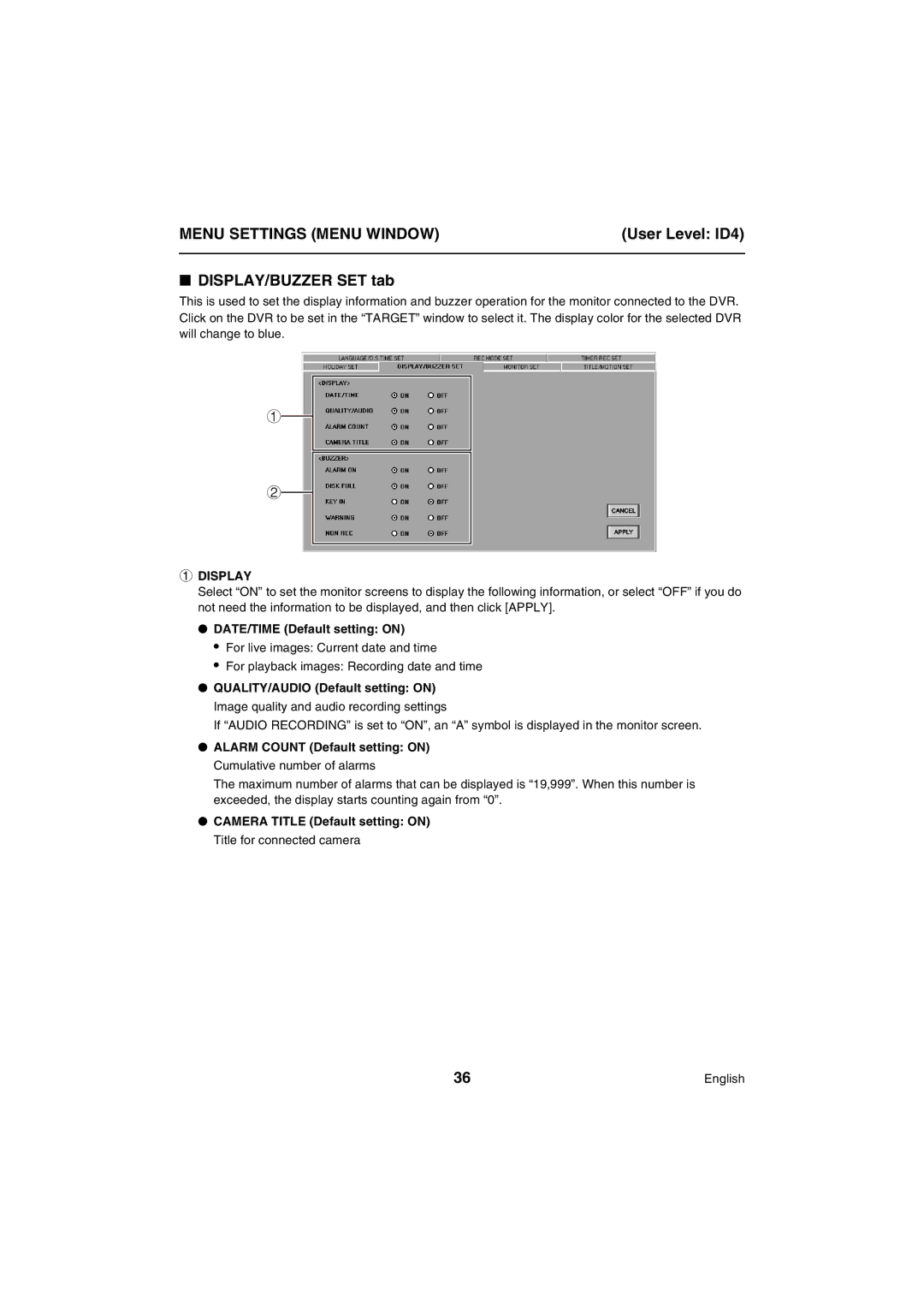 Sanyo VA-SW80LITE instruction manual DISPLAY/BUZZER SET tab, Display, DATE/TIME Default setting on 