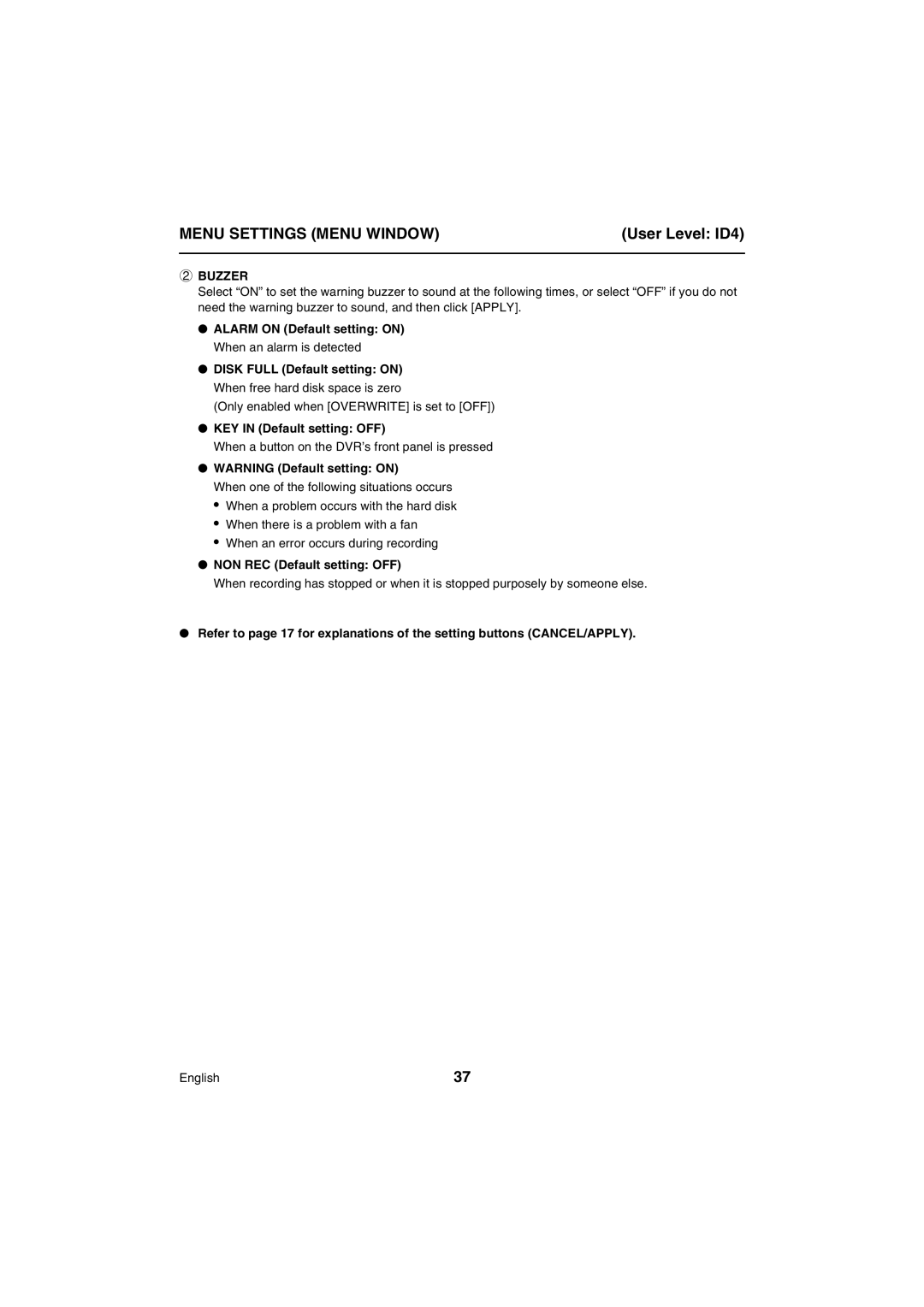 Sanyo VA-SW80LITE instruction manual Buzzer, Only enabled when Overwrite is set to OFF, KEY in Default setting OFF 