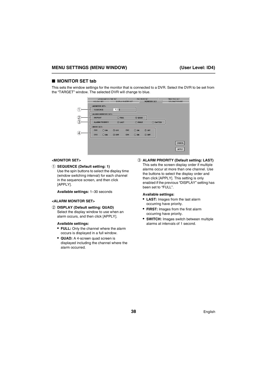 Sanyo VA-SW80LITE instruction manual Monitor SET tab, Available settings 1-30 seconds, Alarm Monitor SET 