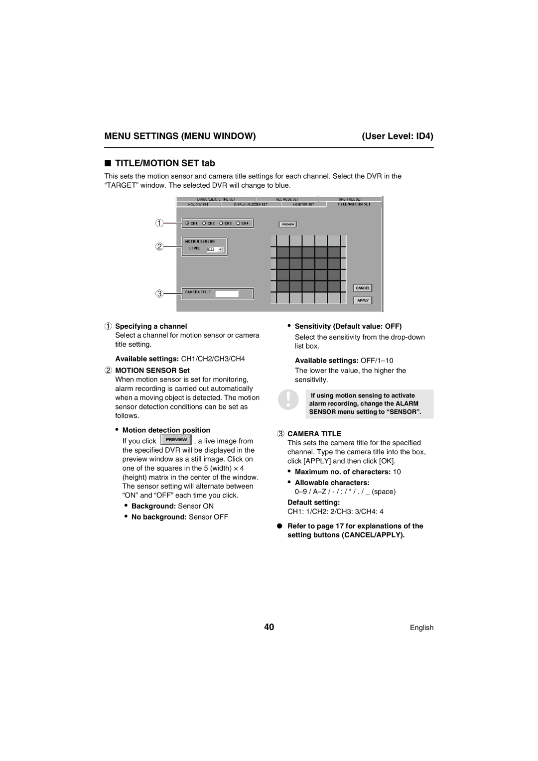 Sanyo VA-SW80LITE instruction manual TITLE/MOTION SET tab, Camera Title 