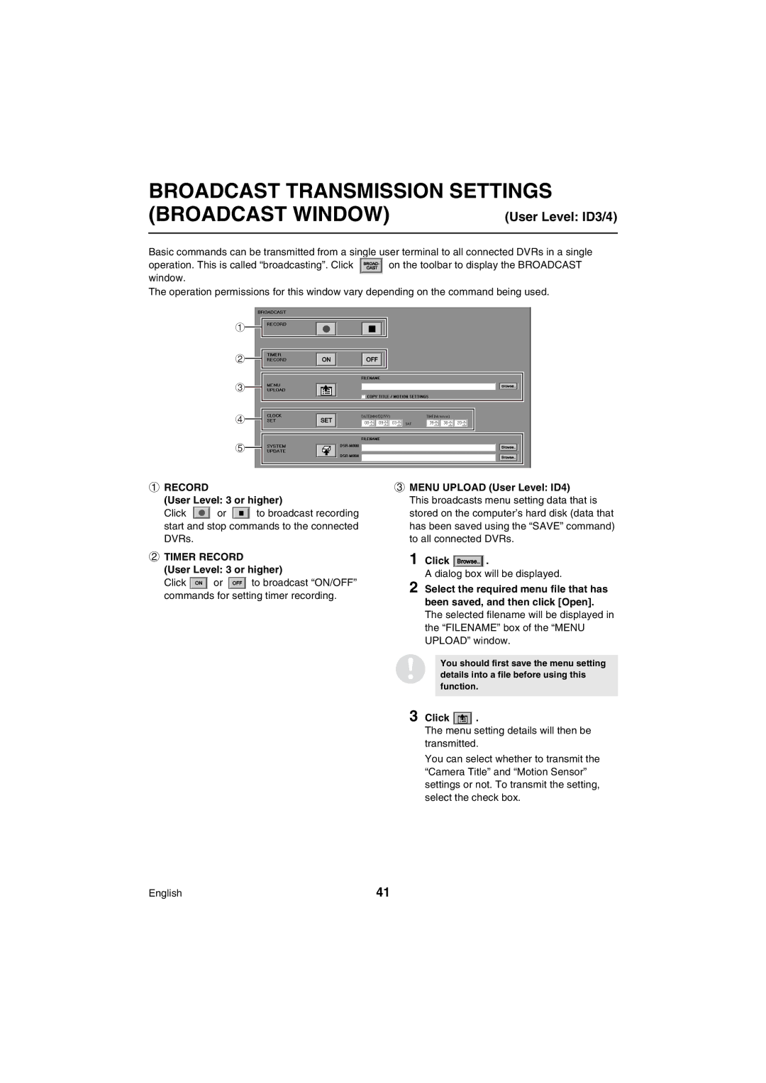 Sanyo VA-SW80LITE instruction manual Broadcast Transmission Settings Broadcast Window, User Level ID3/4, Timer Record 