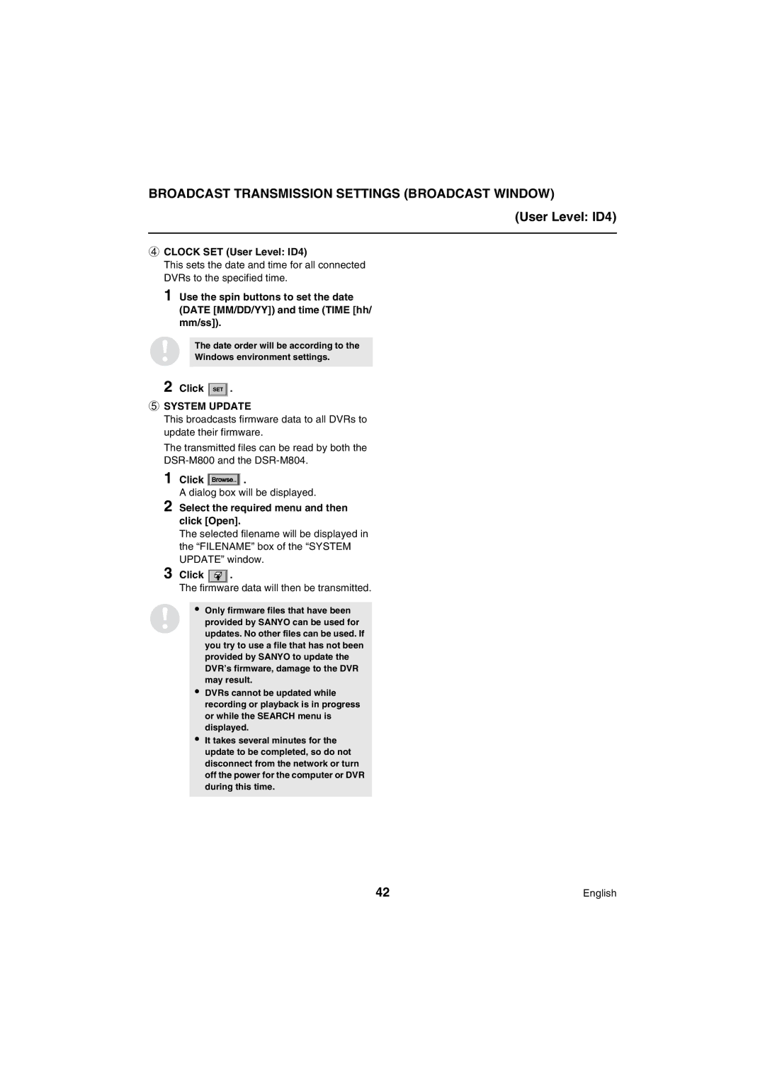 Sanyo VA-SW80LITE Broadcast Transmission Settings Broadcast Window, Clock SET User Level ID4, System Update 