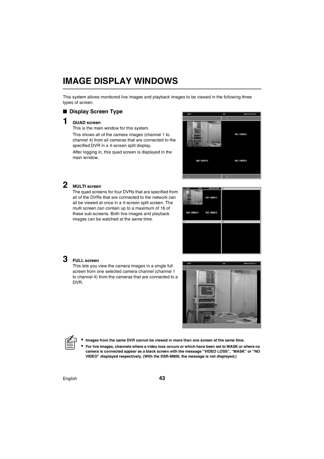 Sanyo VA-SW80LITE instruction manual Image Display Windows, Display Screen Type, Quad screen, Multi screen, Full screen 