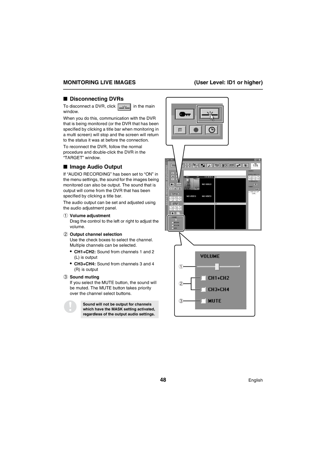 Sanyo VA-SW80LITE Disconnecting DVRs, Image Audio Output, Volume adjustment, Output channel selection, Sound muting 